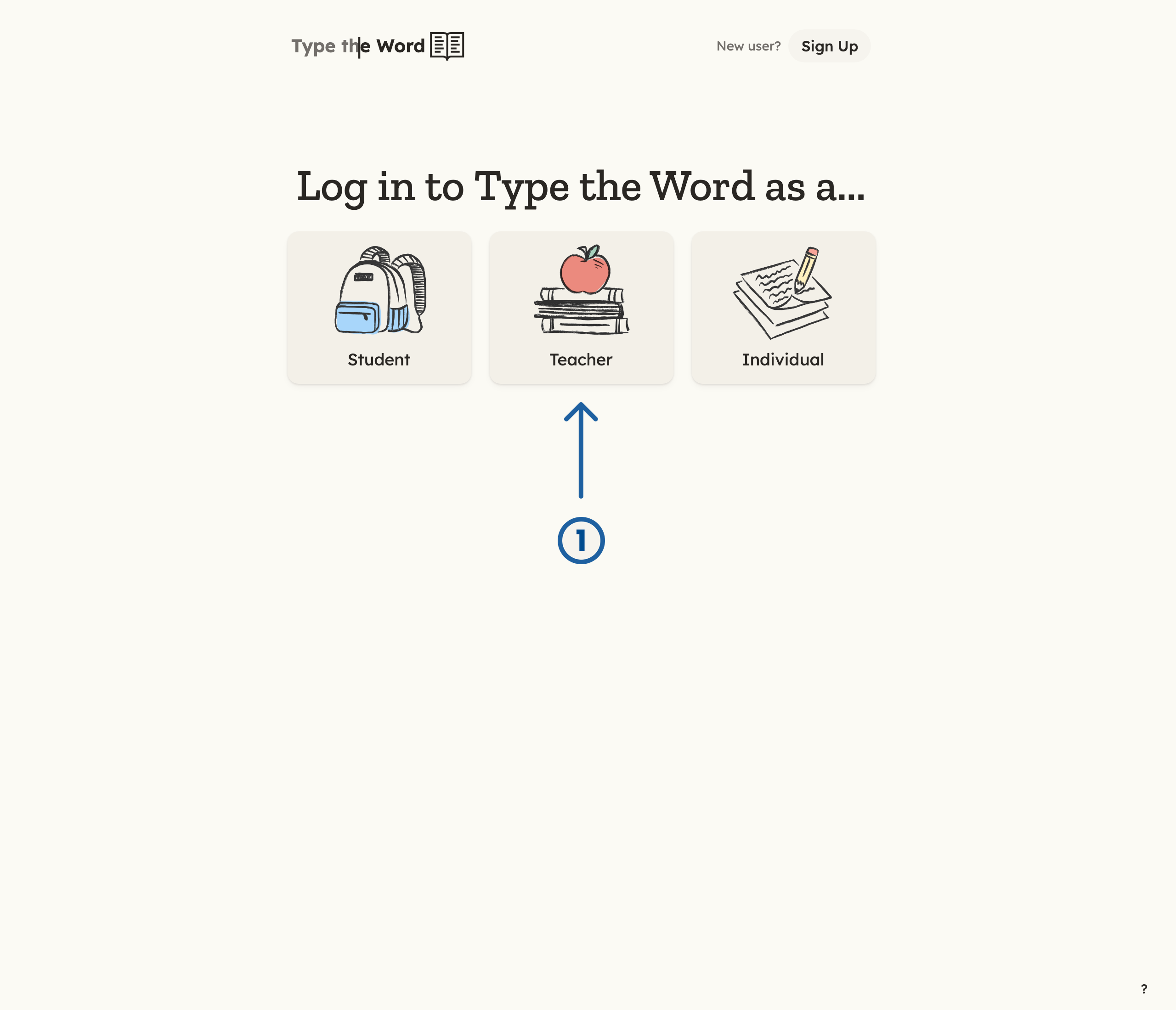 Type the Word login page with a numbered arrow pointing at Teacher