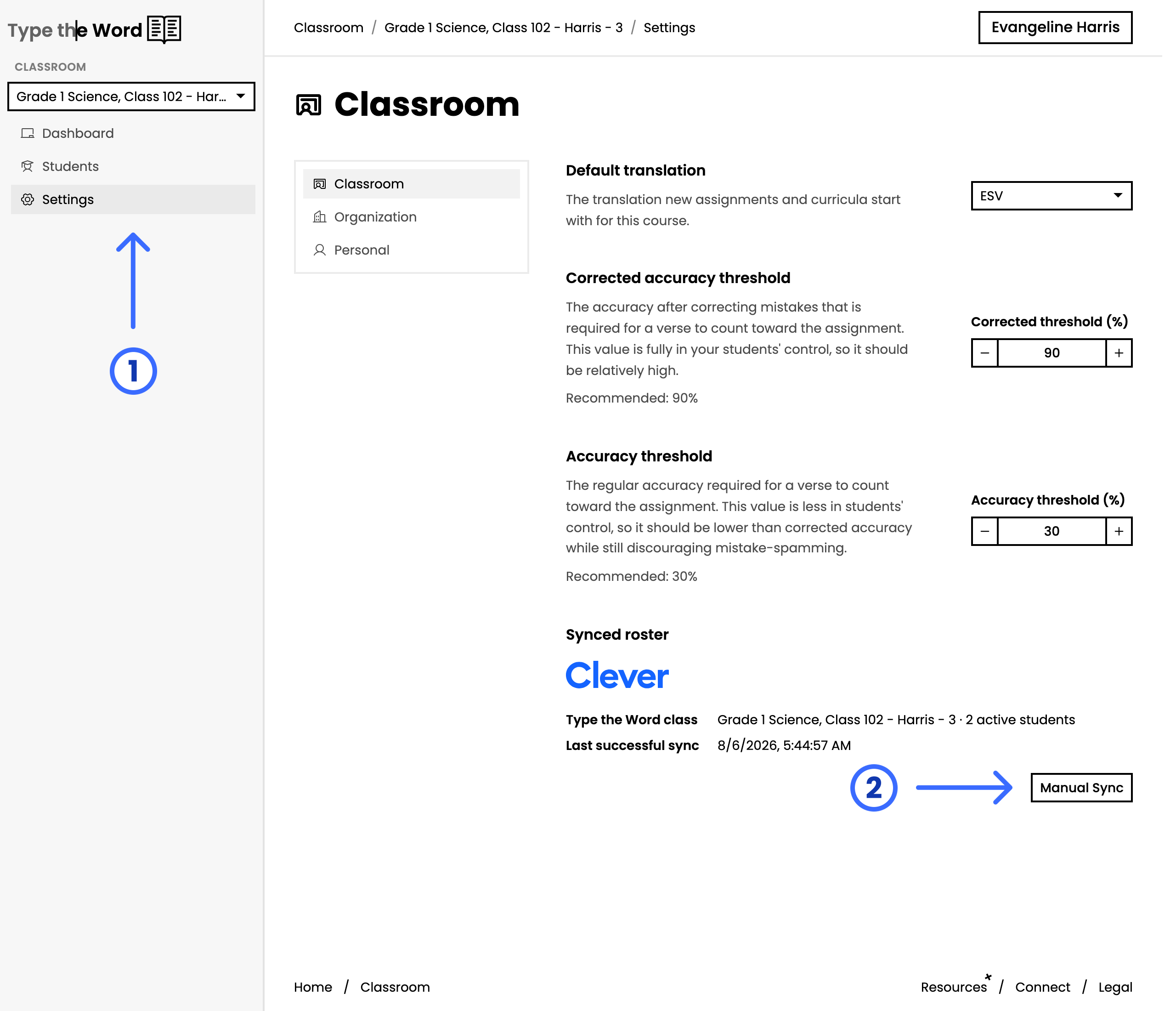 Classroom settings with numbered arrows pointing at Settings and Manual Sync