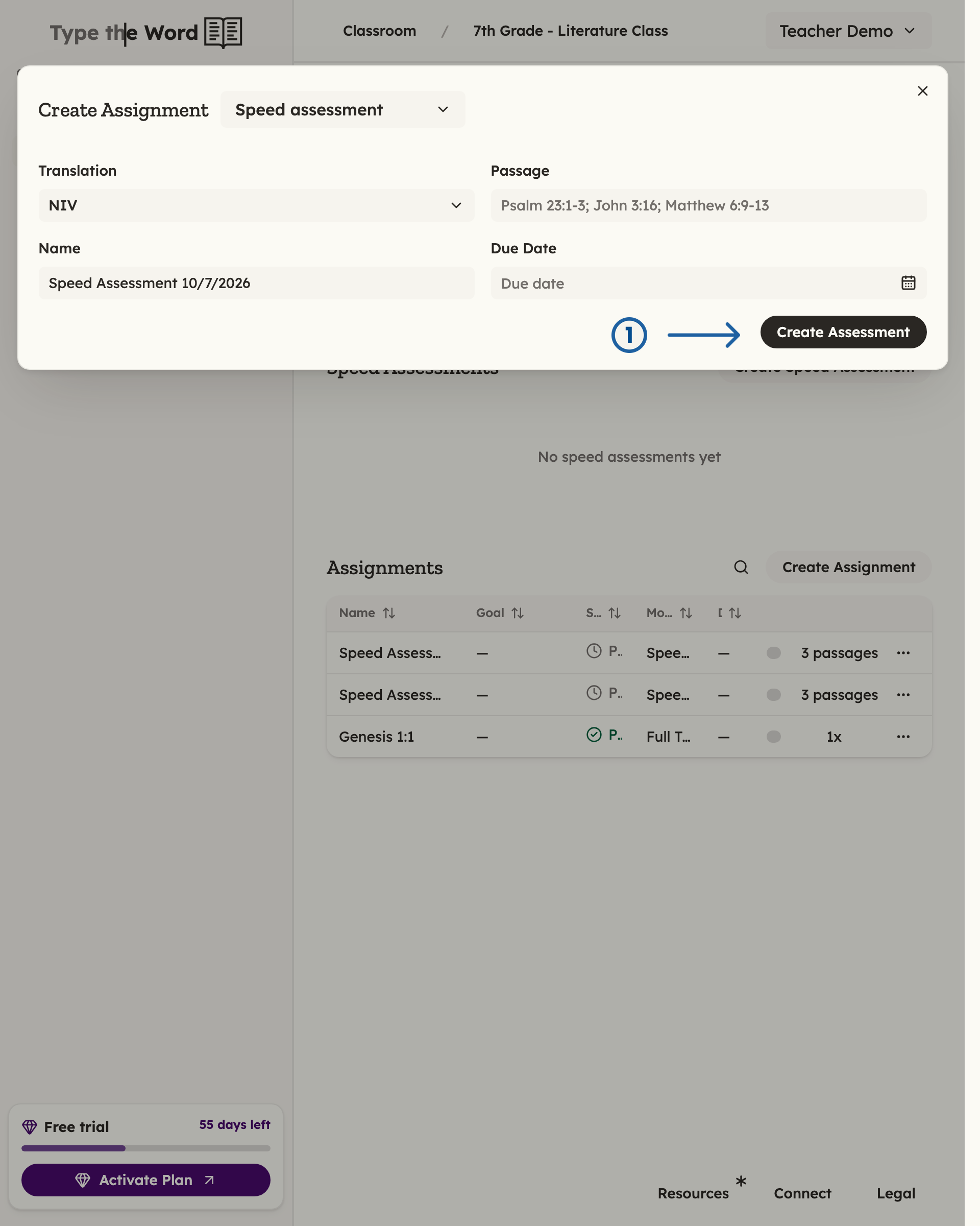 Create Assignment dialog in speed assessment mode with a numbered arrow pointing at Create Assessment