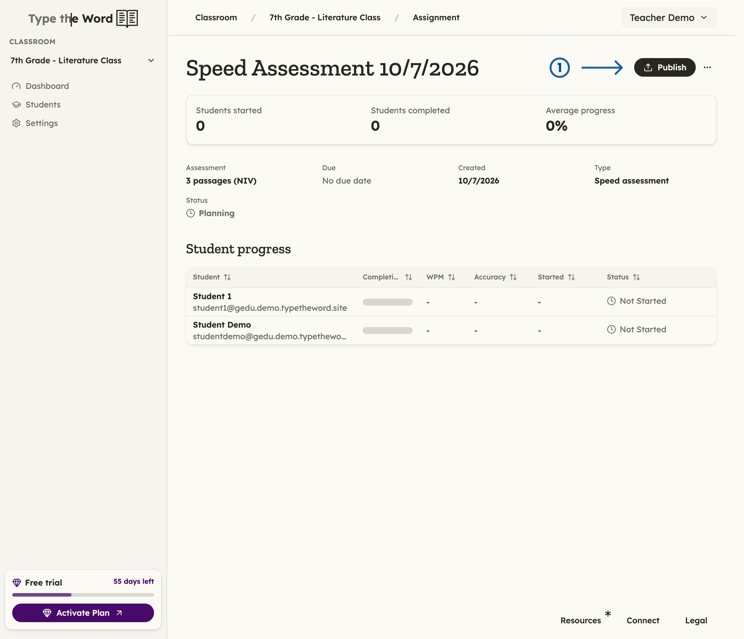 Speed assessment details page with a numbered arrow pointing at Publish