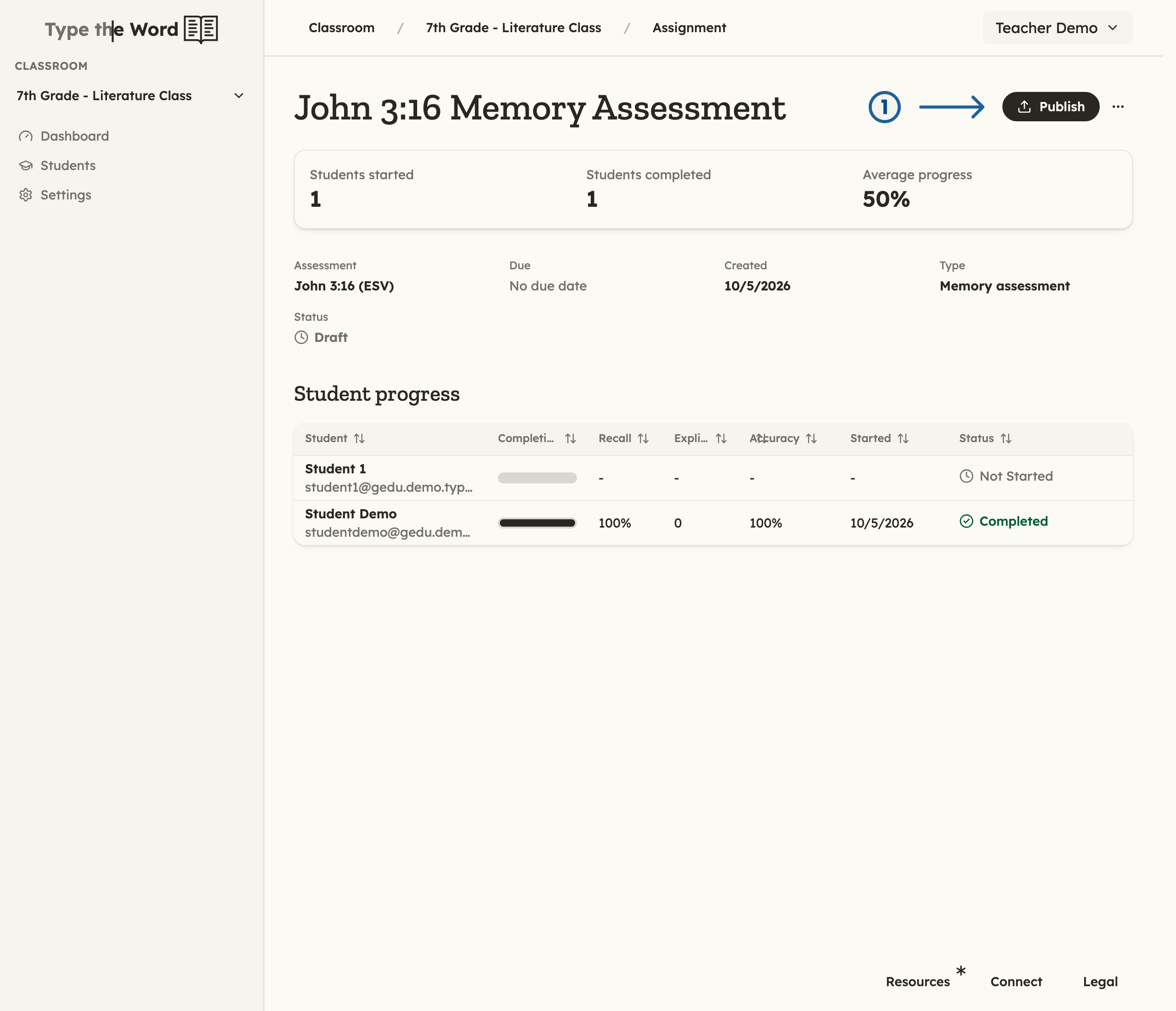 Memory assessment page with a numbered arrow pointing at Publish