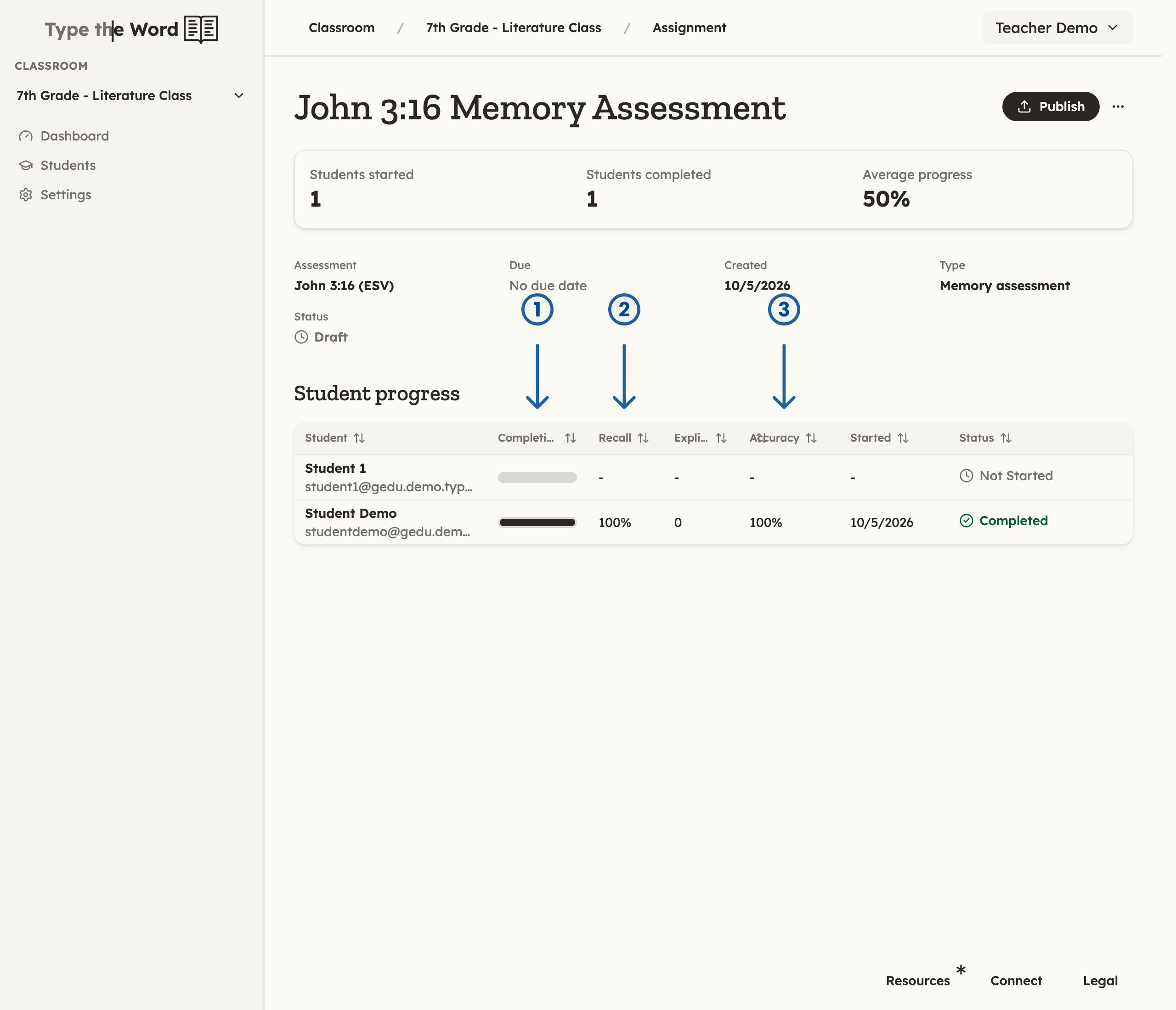 Memory assessment Student progress table with numbered arrows pointing at Completion, Recall, and Accuracy