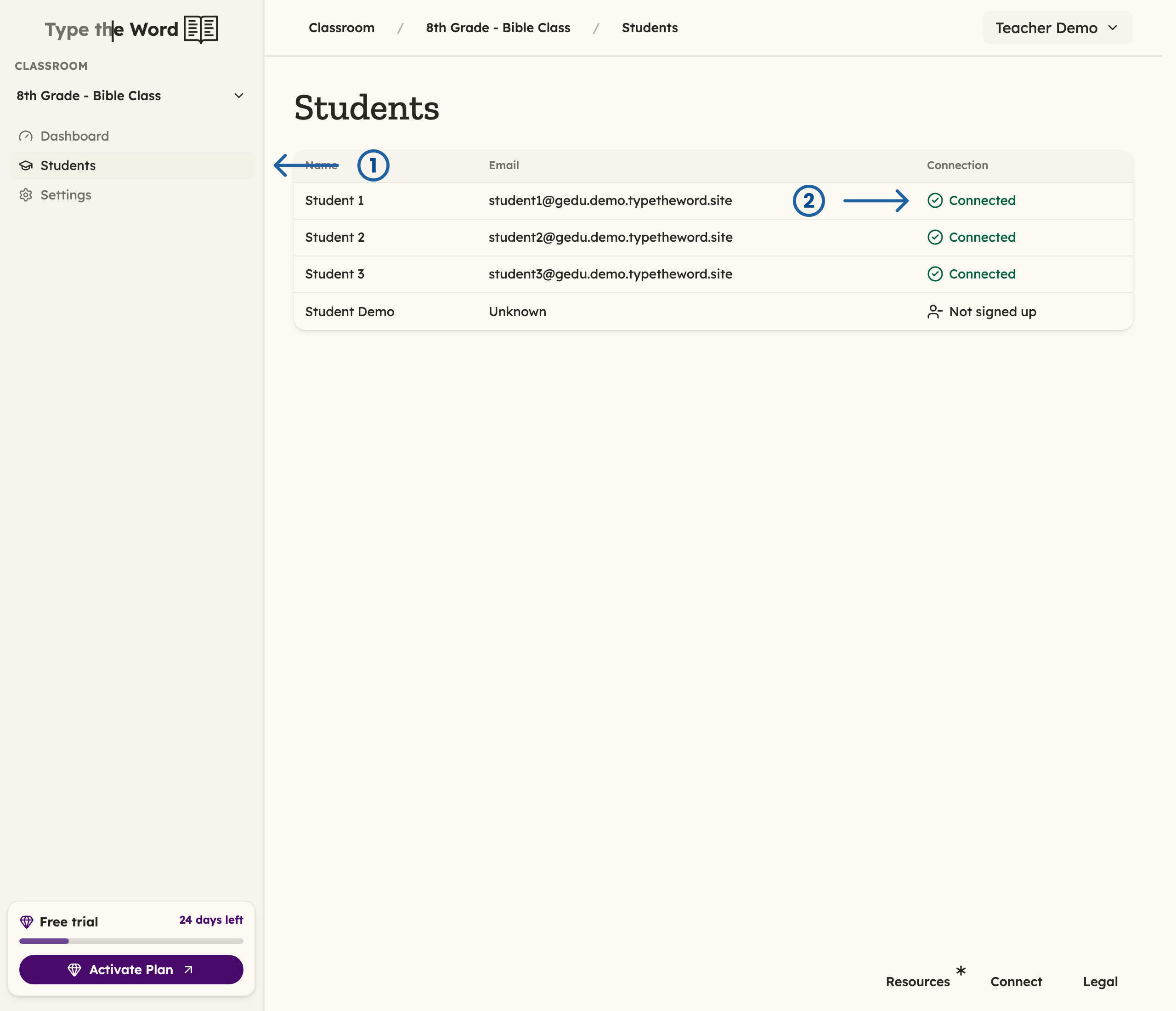 Students page with numbered arrows pointing at Students and a Connected status
