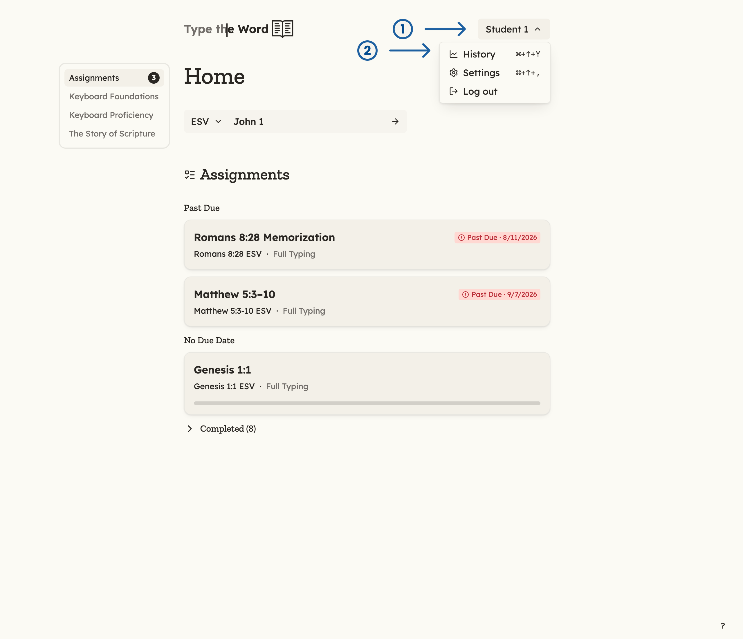 Student 1 account menu open, with numbered arrows pointing at the name button and History