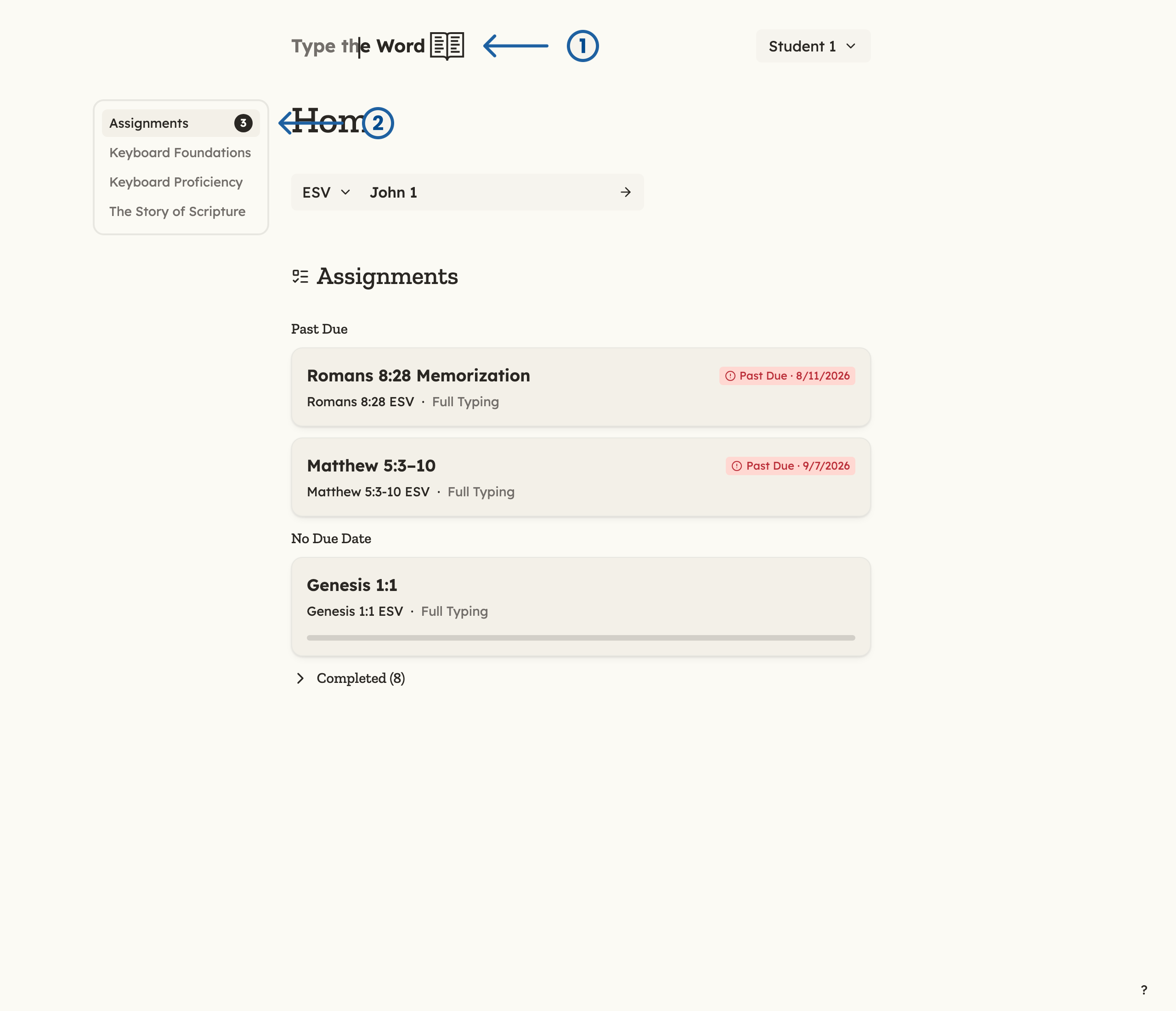 Student Home with numbered arrows: 1 points at the Type the Word logo, 2 points at Assignments in the homepage sidebar