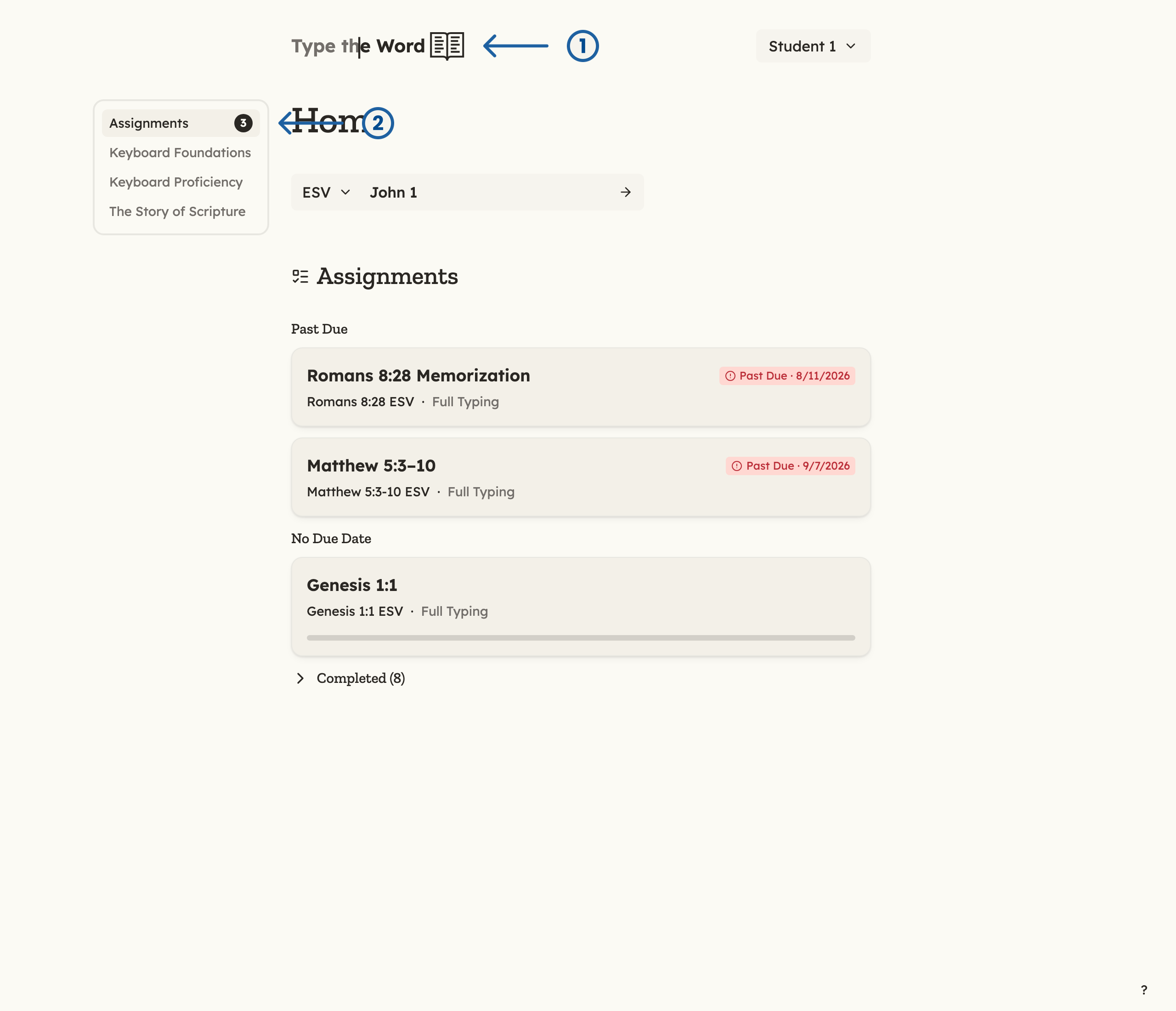 Student Home with numbered arrows: 1 points at the Type the Word logo, 2 points at Assignments in the homepage sidebar