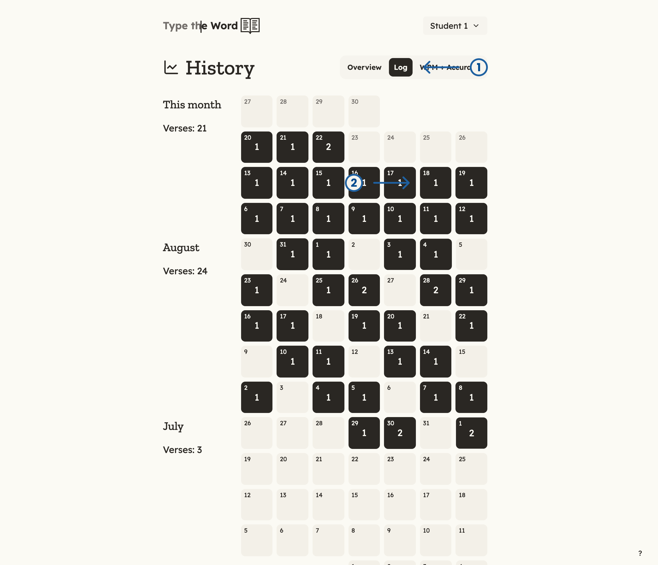History Log with numbered arrows pointing at the Log tab and the 18th on the calendar