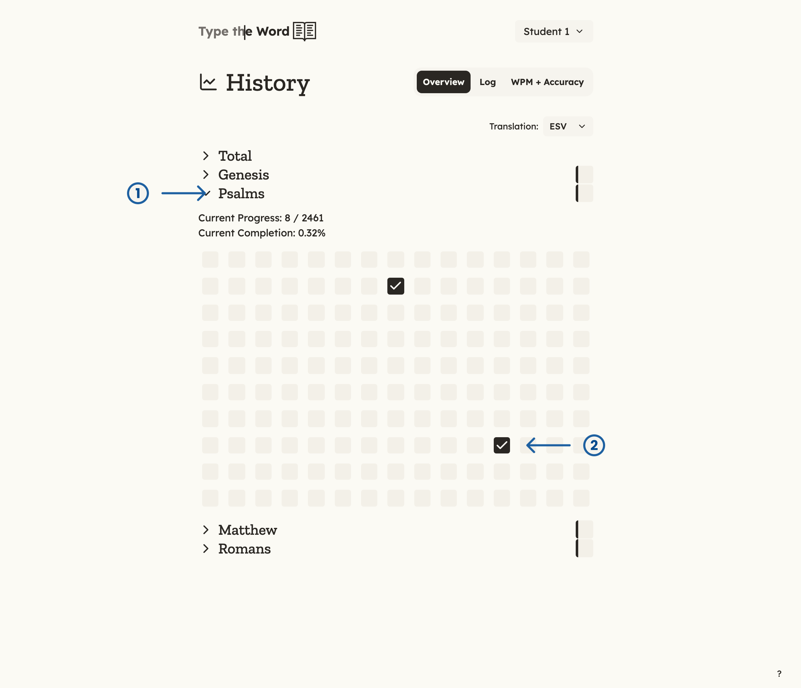 History Overview with numbered arrows pointing at Psalms and the completed chapter 117 square