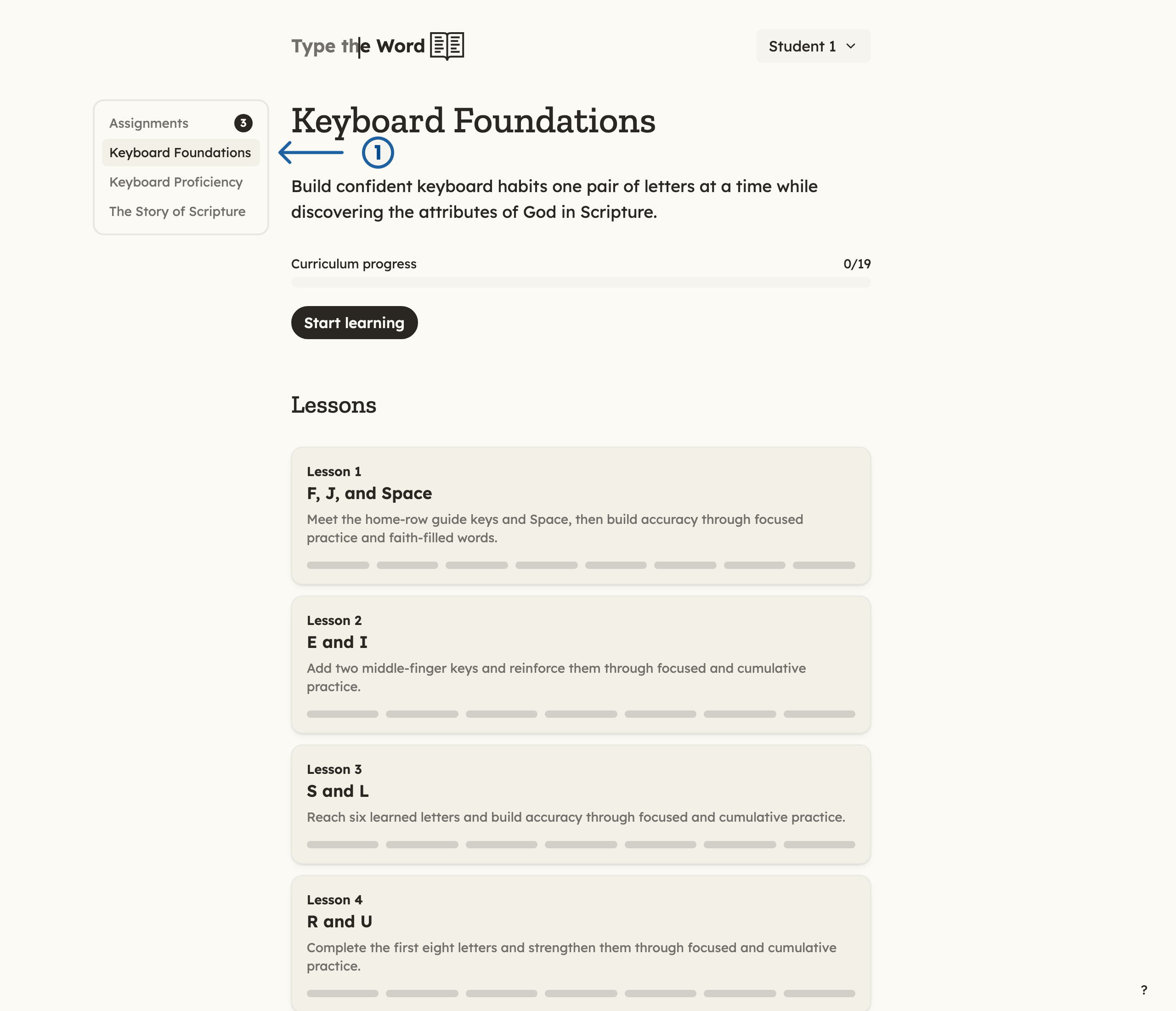 Keyboard Foundations curriculum page with a numbered arrow pointing at Keyboard Foundations in the homepage sidebar, and lessons listed below
