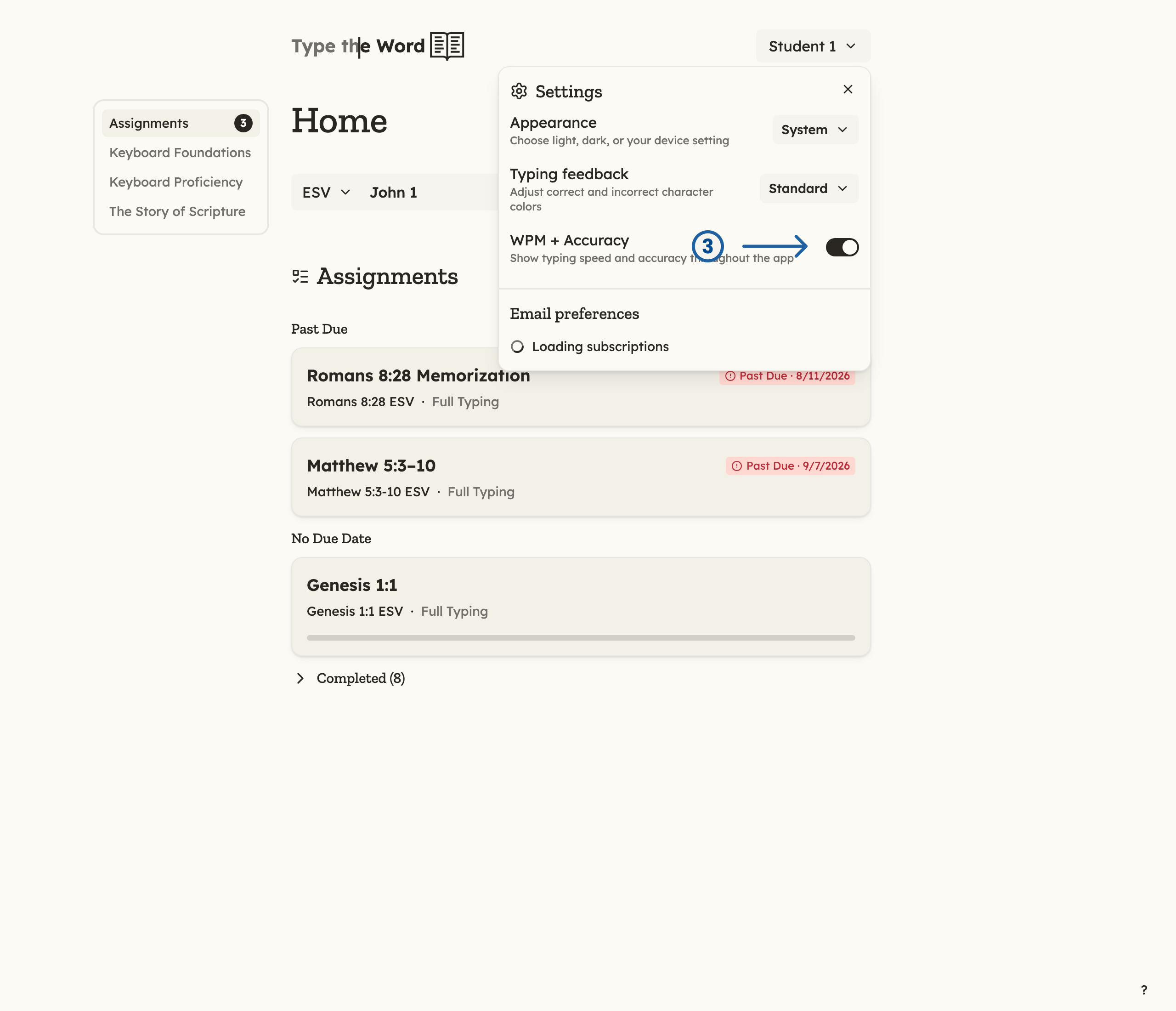 Settings panel with numbered arrow 3 pointing at the WPM + Accuracy toggle, which is turned on
