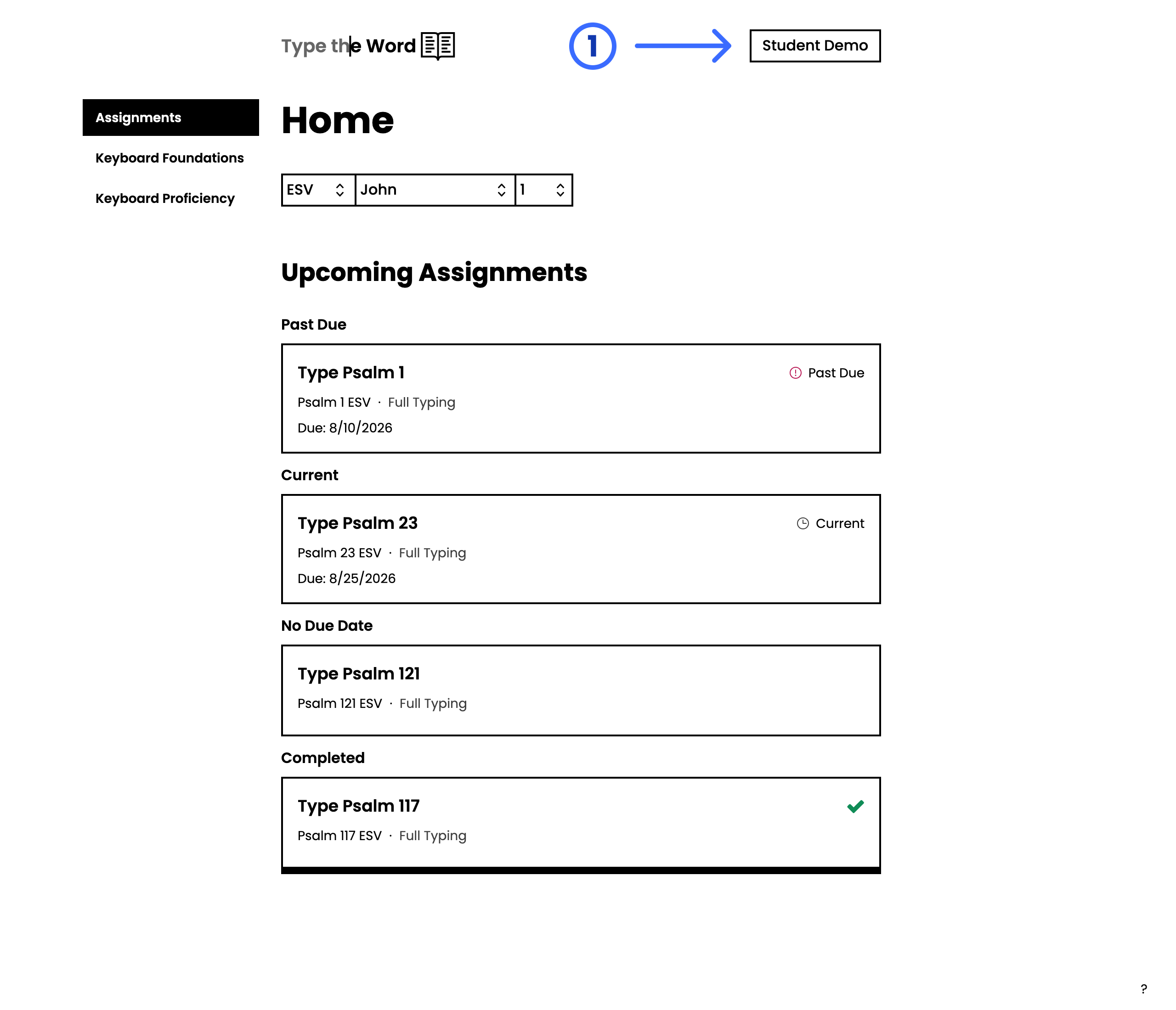 Student Home with a numbered arrow pointing at the Student Demo name button