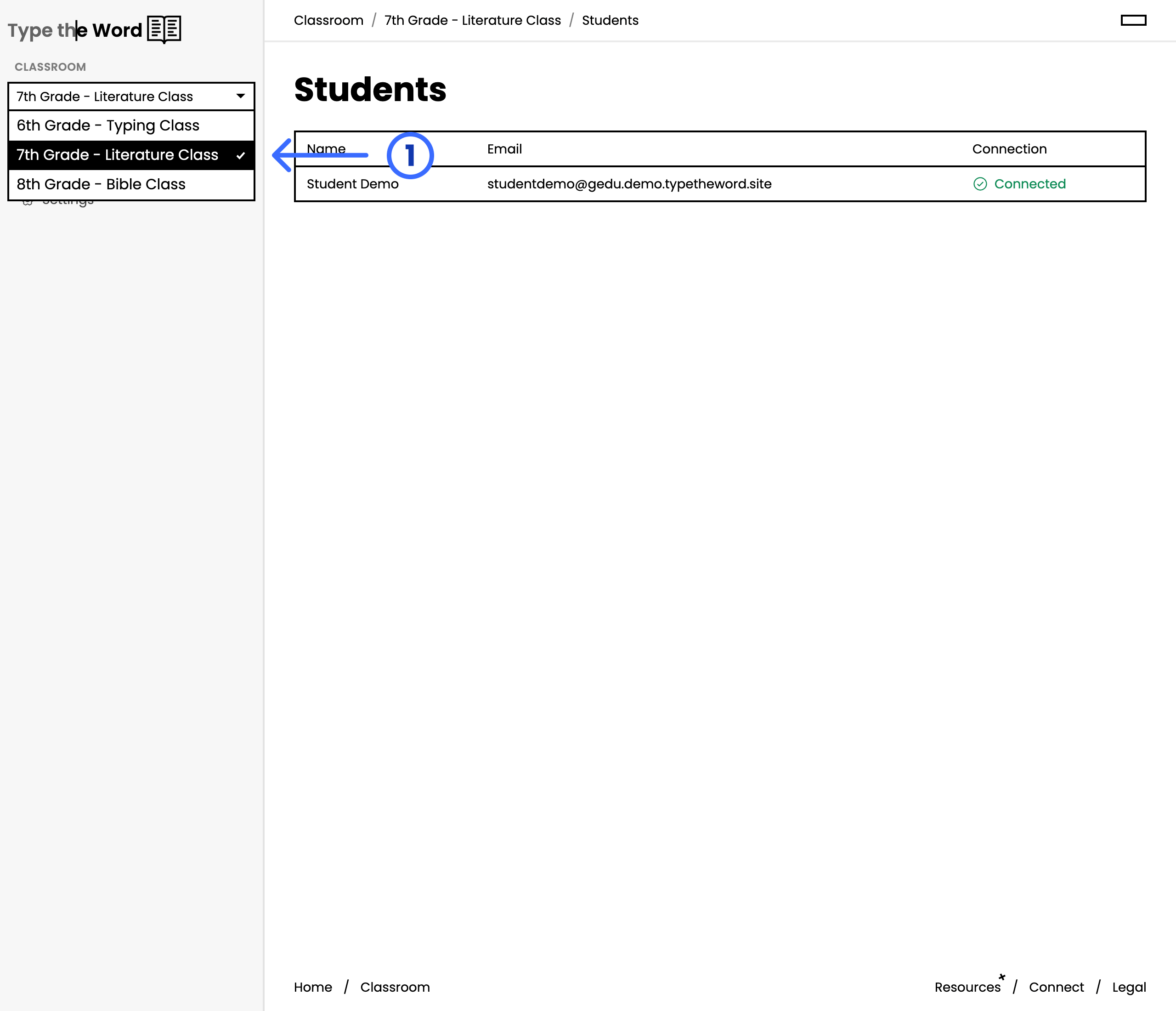 Classroom sidebar with the class dropdown open and a numbered arrow pointing at 7th Grade - Literature Class