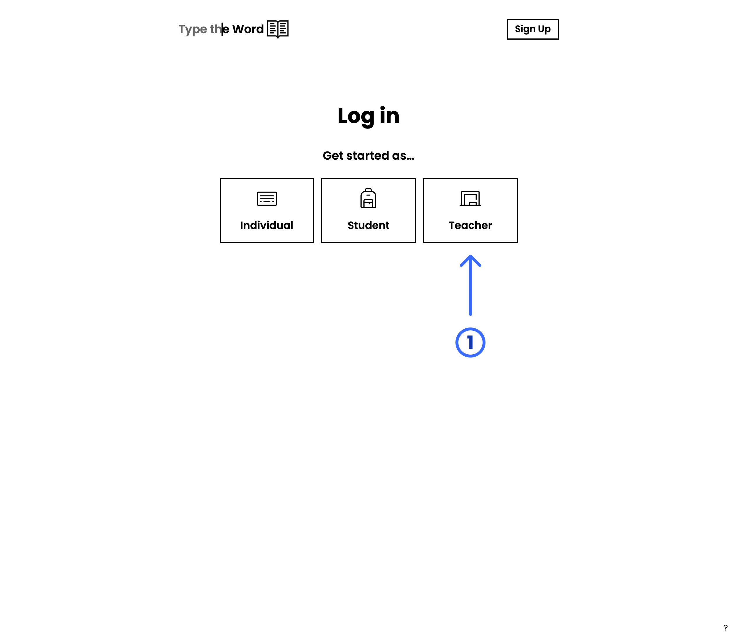Type the Word login page with a numbered arrow pointing at Teacher