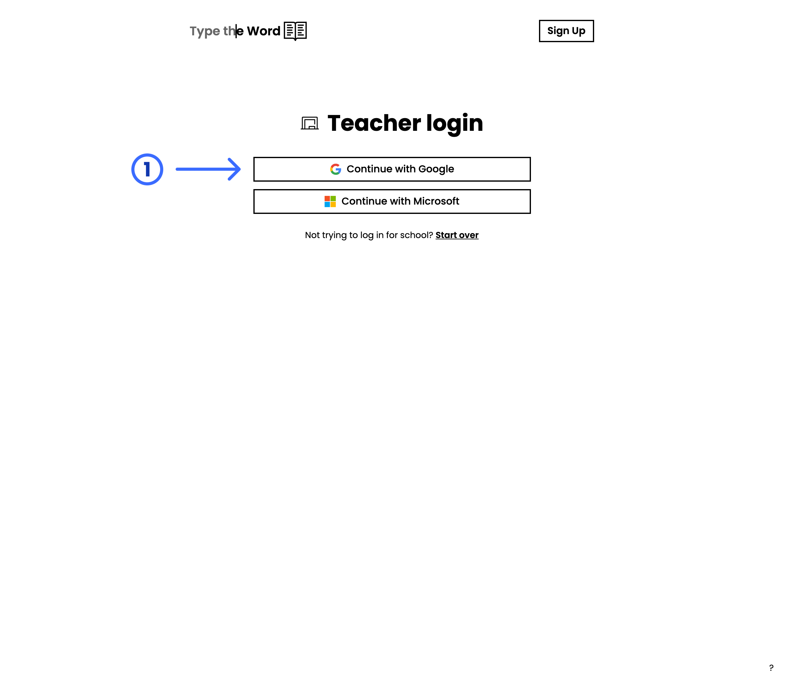 Teacher login with a numbered arrow pointing at Continue with Google