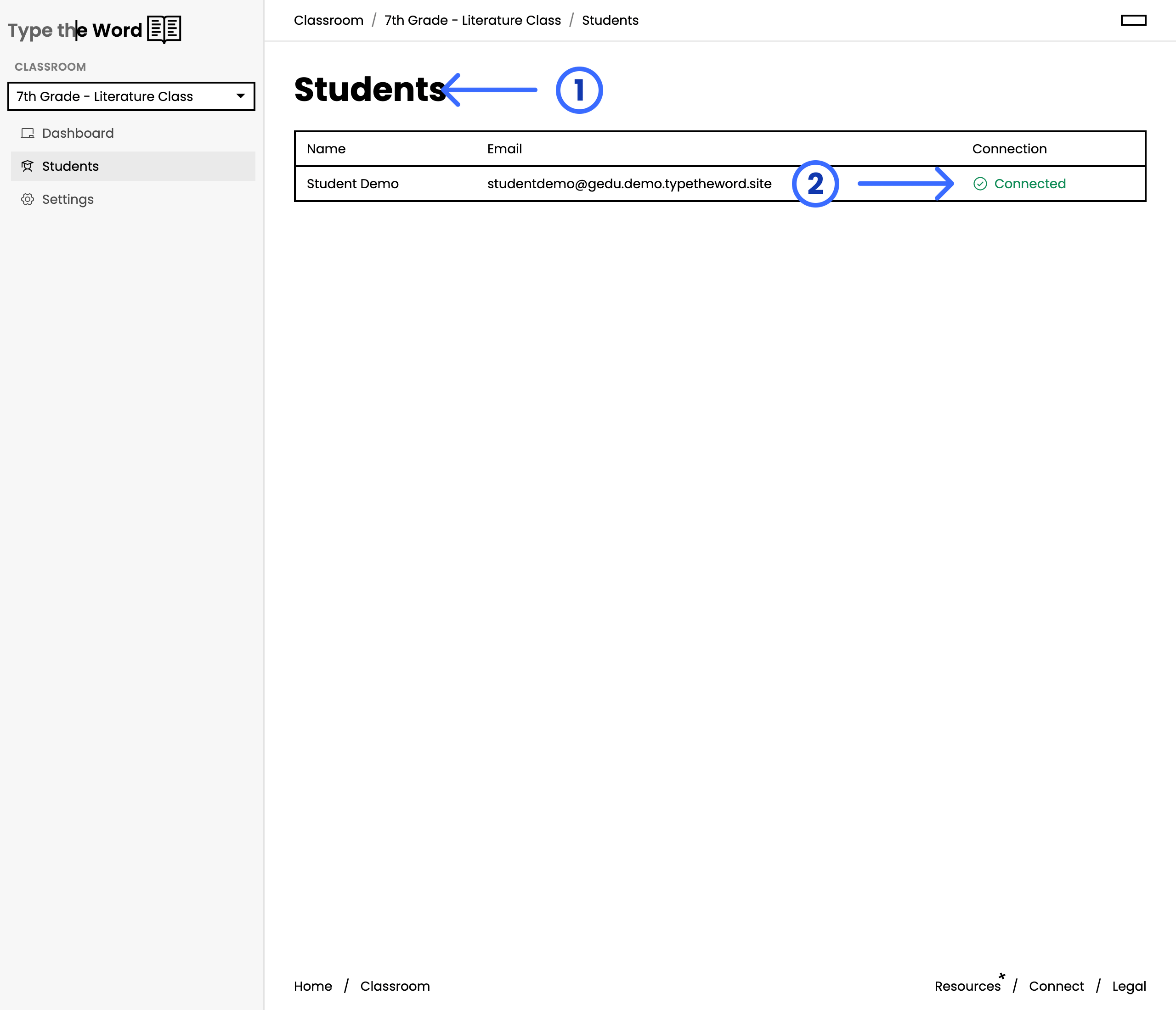 Students page with numbered arrows pointing at the Students heading and the Connected status