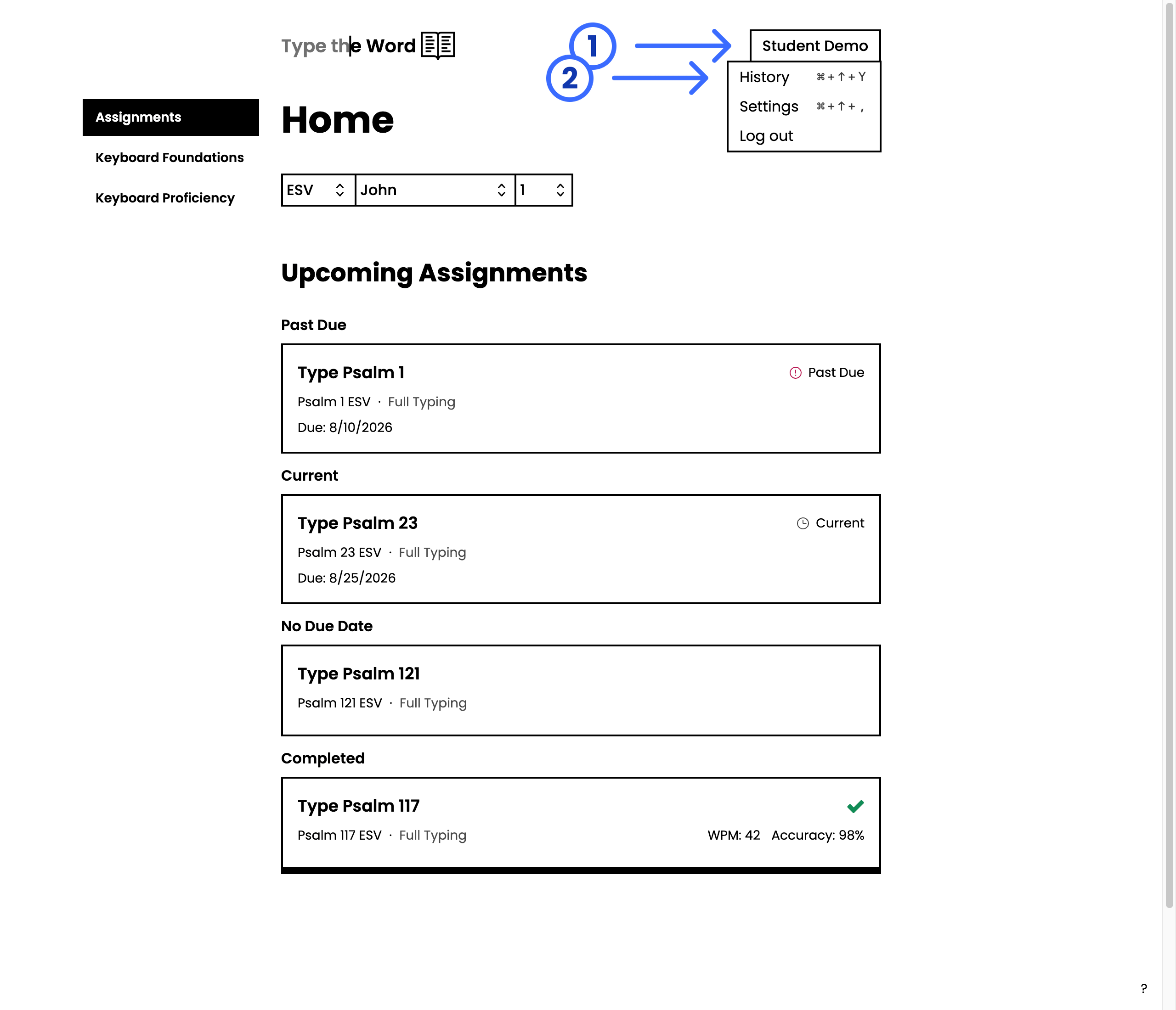 Student Demo account menu open, with numbered arrows pointing at the name button and History