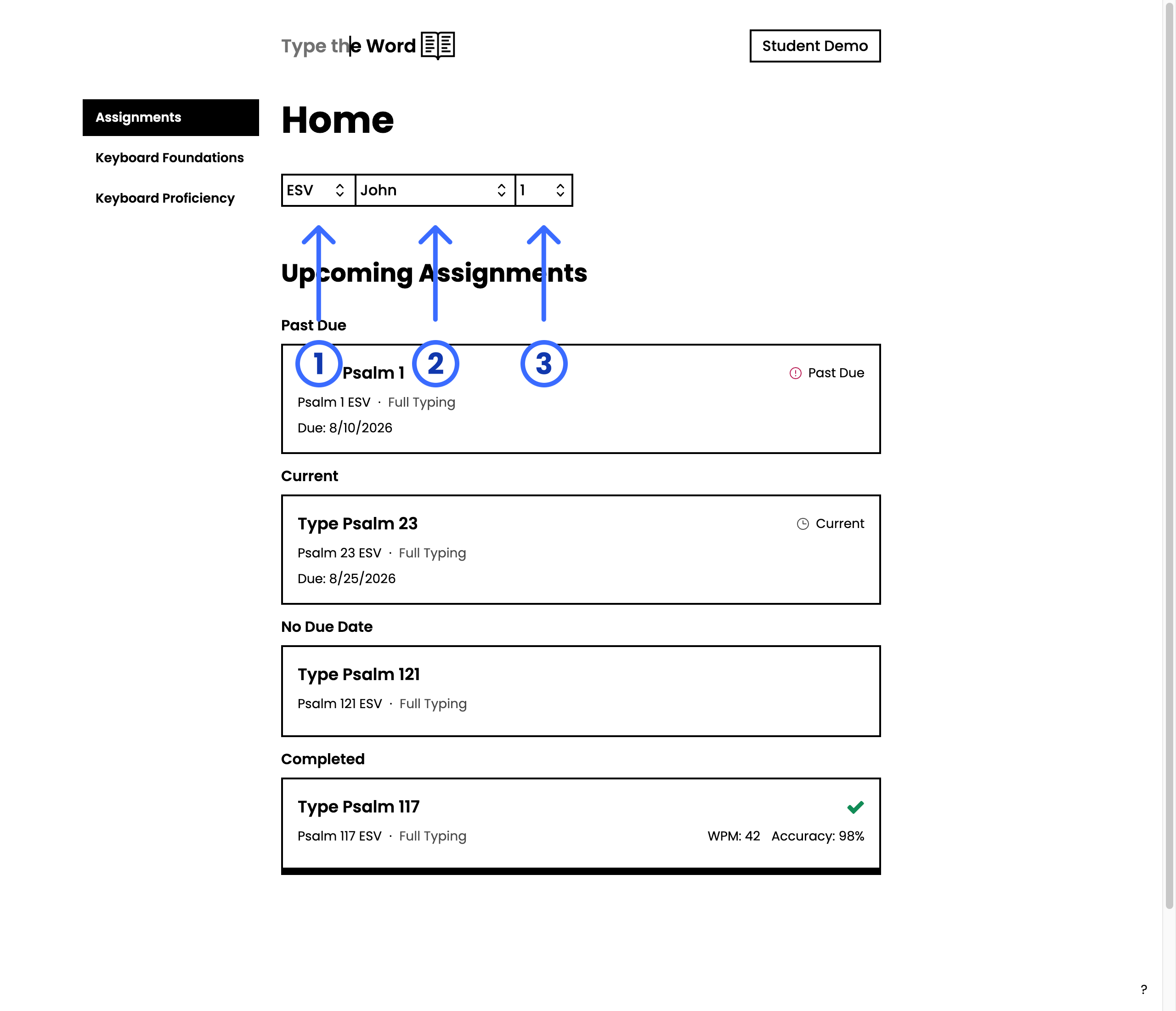 Student Home with numbered arrows pointing at the ESV, John, and chapter 1 PassageSelector controls