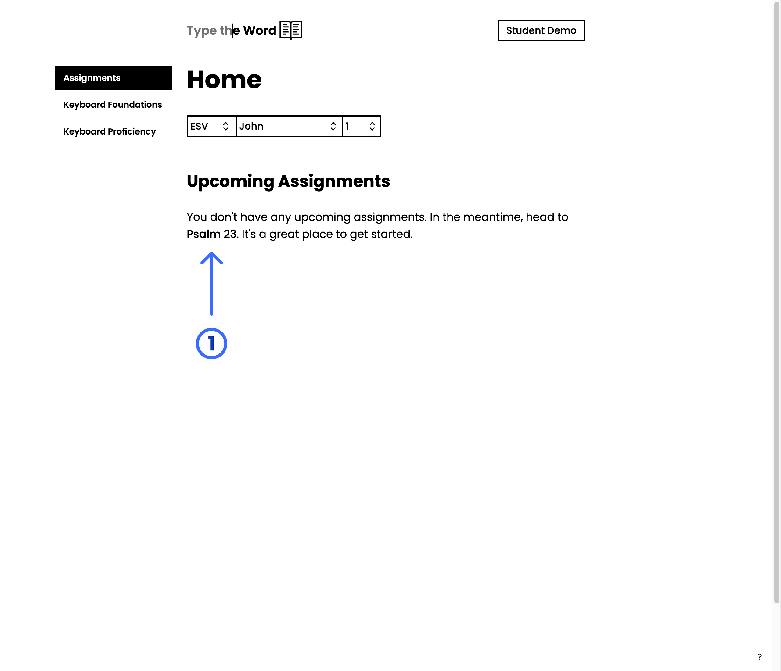 Student Home empty state with a numbered arrow pointing at the Psalm 23 link