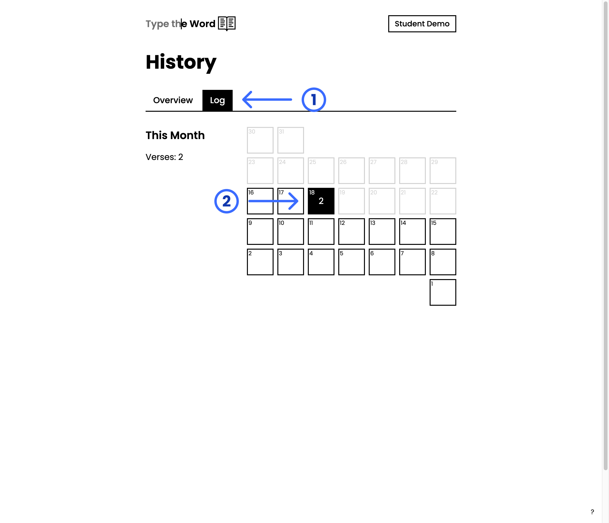 History Log with numbered arrows pointing at the Log tab and the 18th on the calendar
