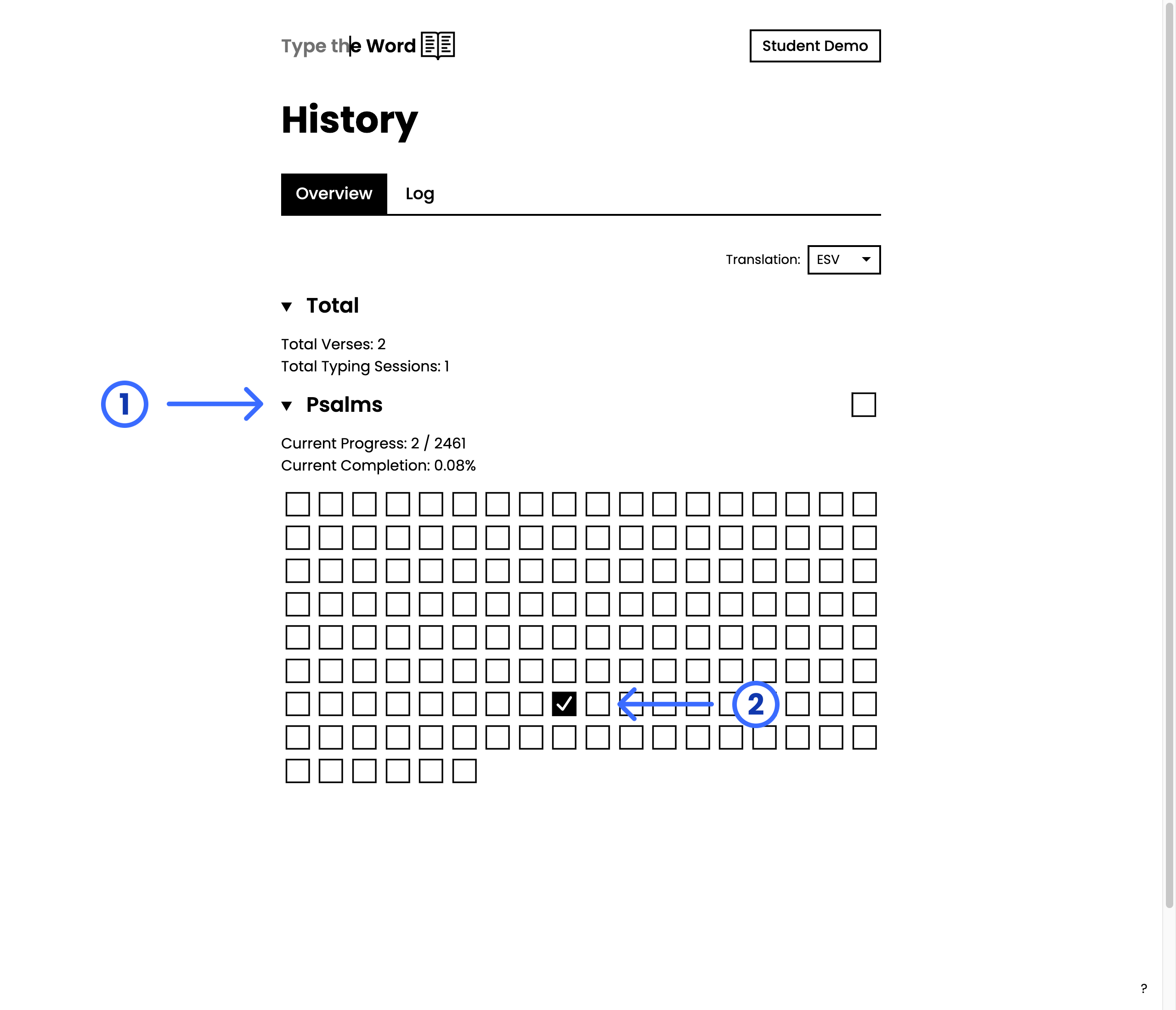 History Overview with numbered arrows pointing at Psalms and the completed chapter 117 square