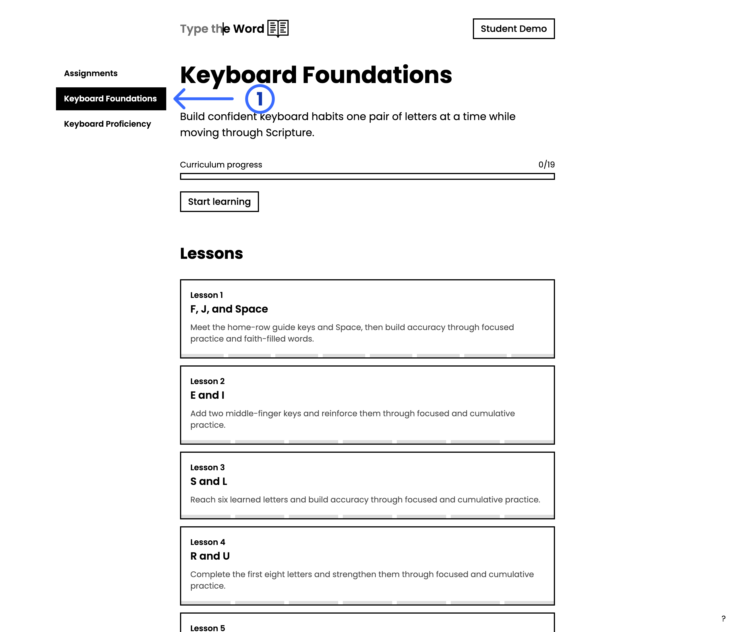 Keyboard Foundations curriculum page with a numbered arrow pointing at Keyboard Foundations in the homepage sidebar, and lessons listed below
