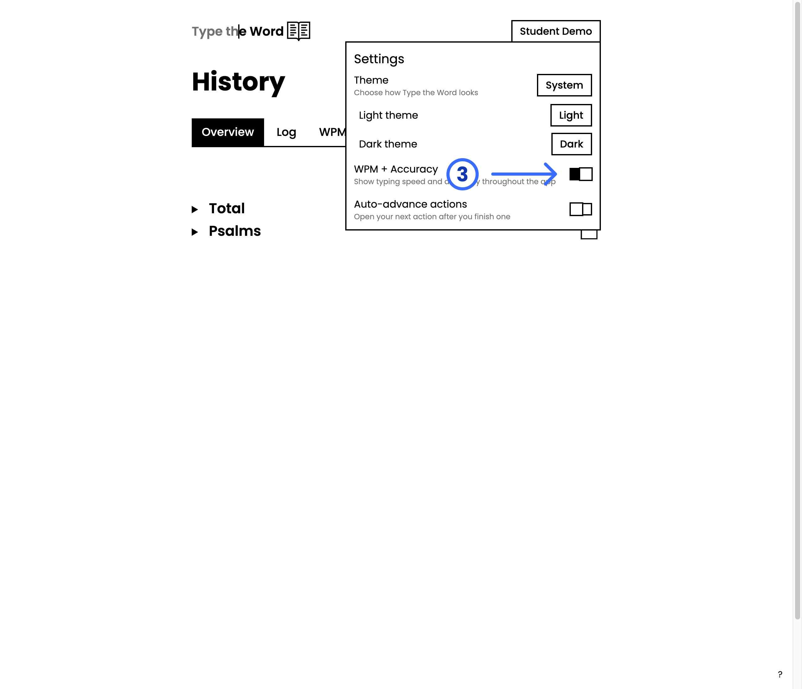 Settings panel with numbered arrow 3 pointing at the WPM + Accuracy toggle, which is turned on