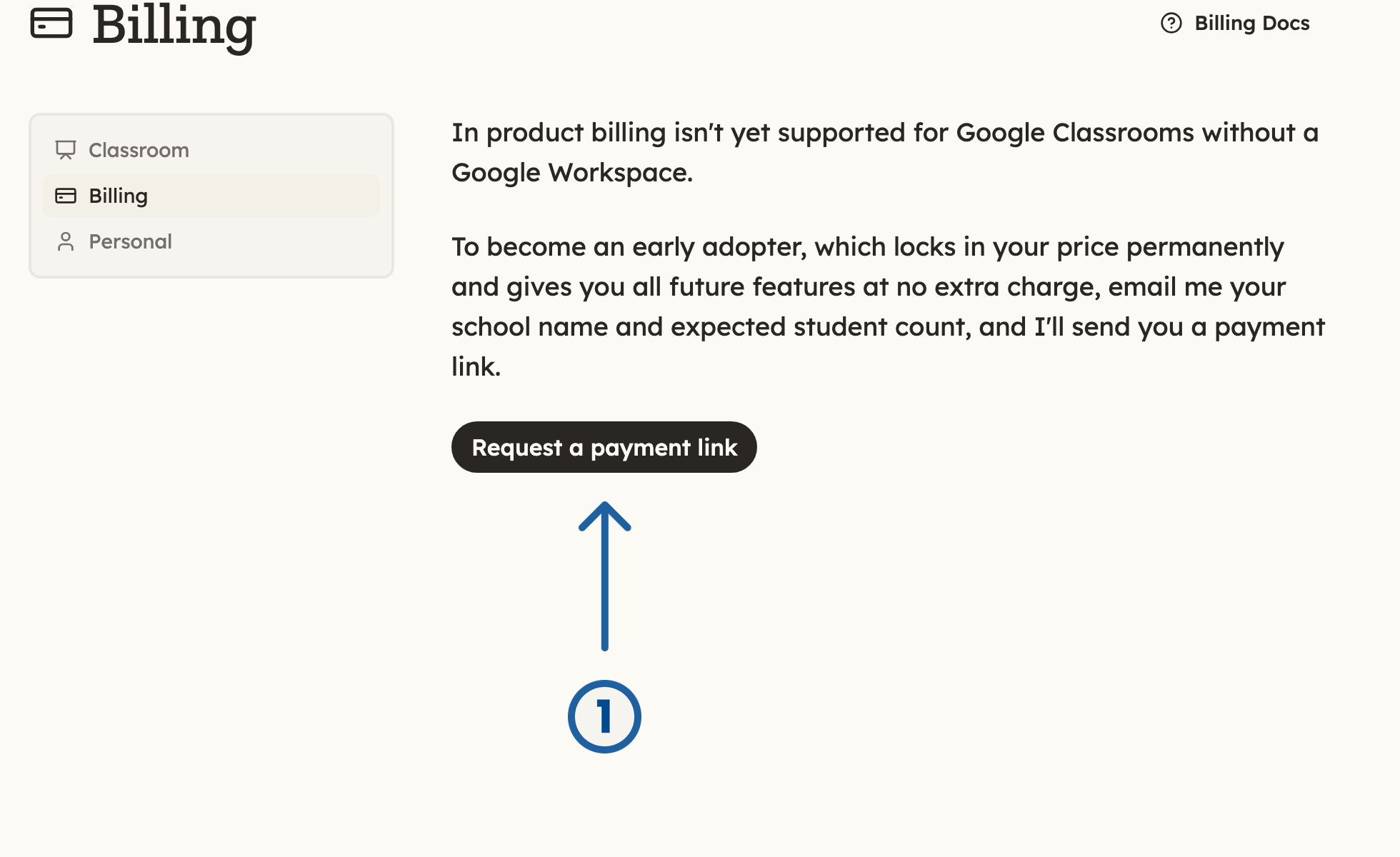 Billing settings with an arrow pointing at Request a payment link