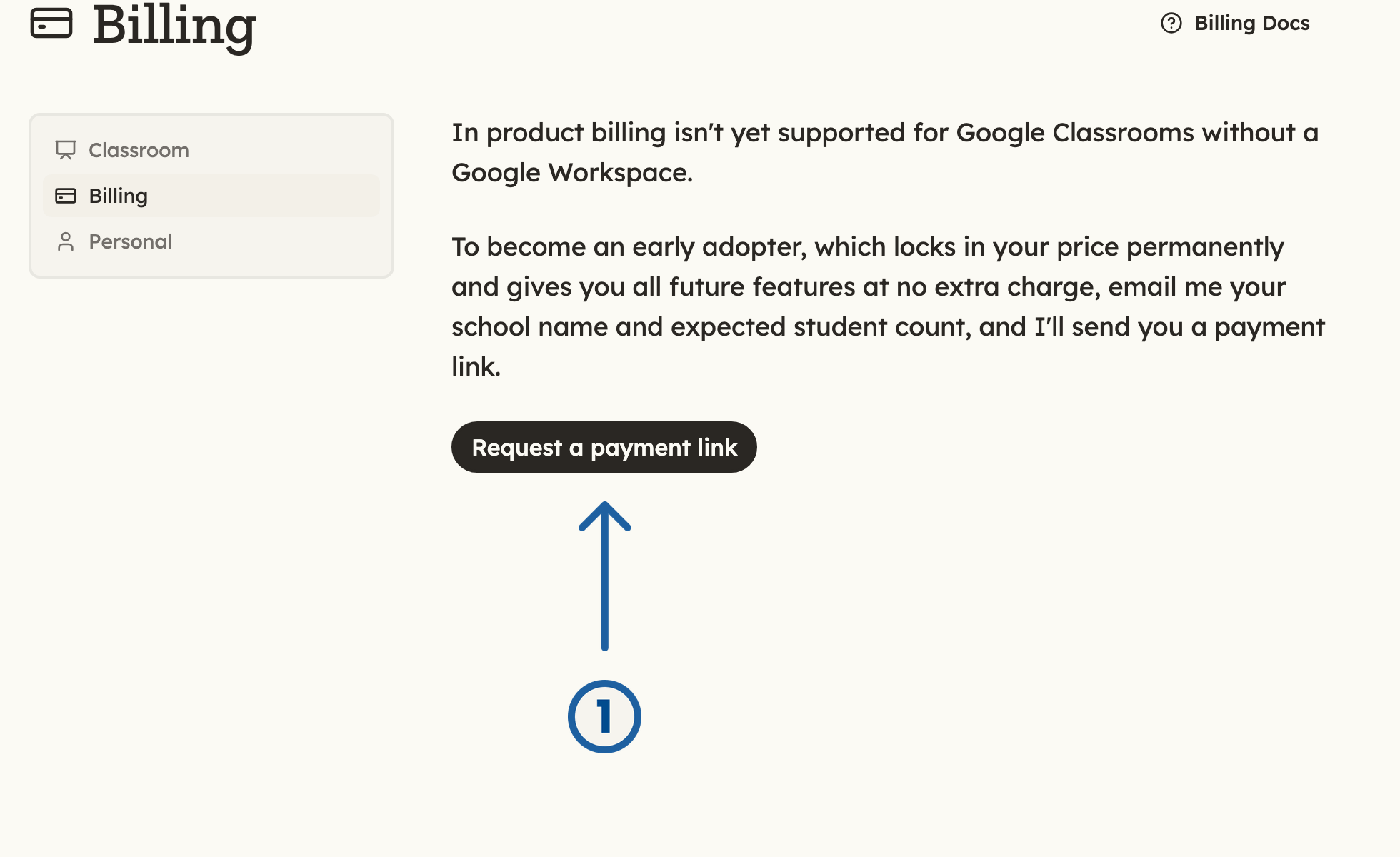 Billing settings with an arrow pointing at Request a payment link