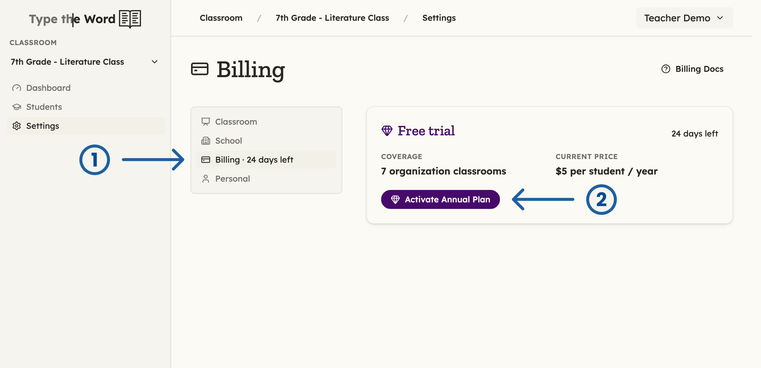 Billing settings during a free trial, with arrows pointing at Billing and Activate Annual Plan