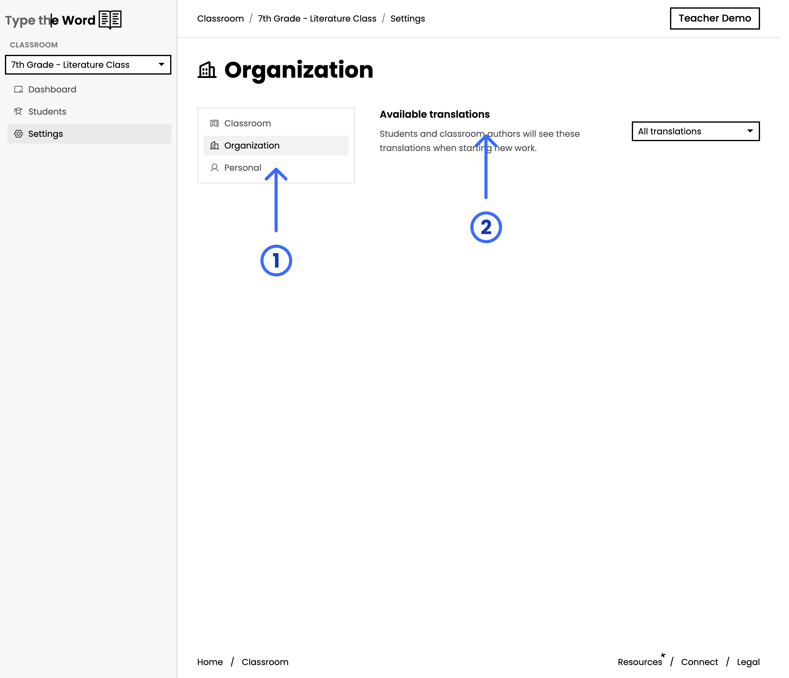 Organization settings with numbered arrows pointing at Organization and Available translations