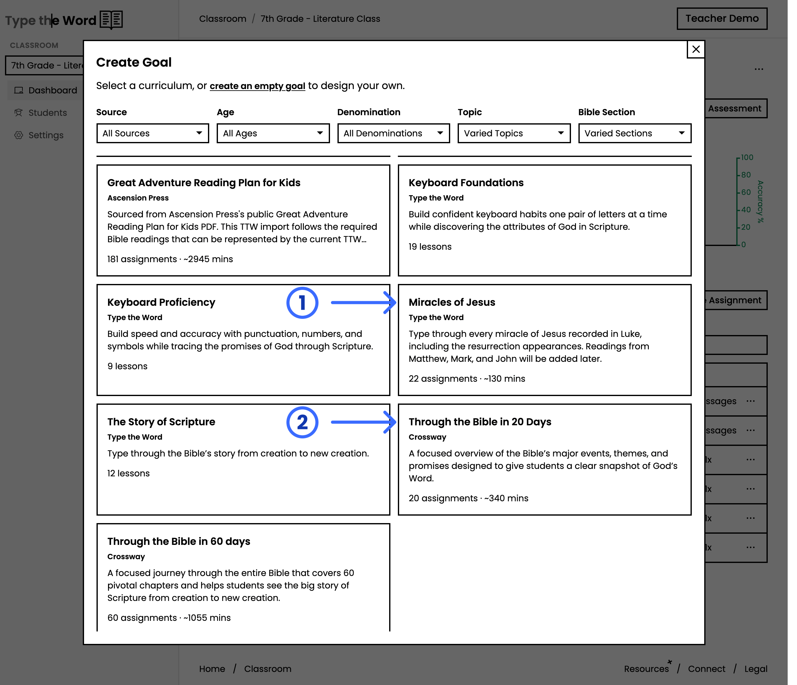 Create Goal curriculum picker with numbered arrows pointing at Miracles of Jesus - Luke and Through the Bible in 20 Days