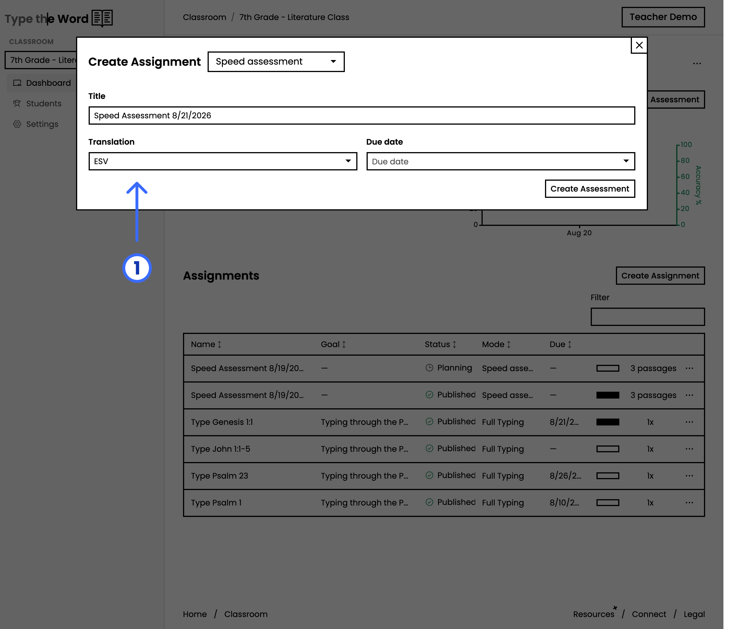 Create Assignment dialog in speed assessment mode with a numbered arrow pointing at Translation