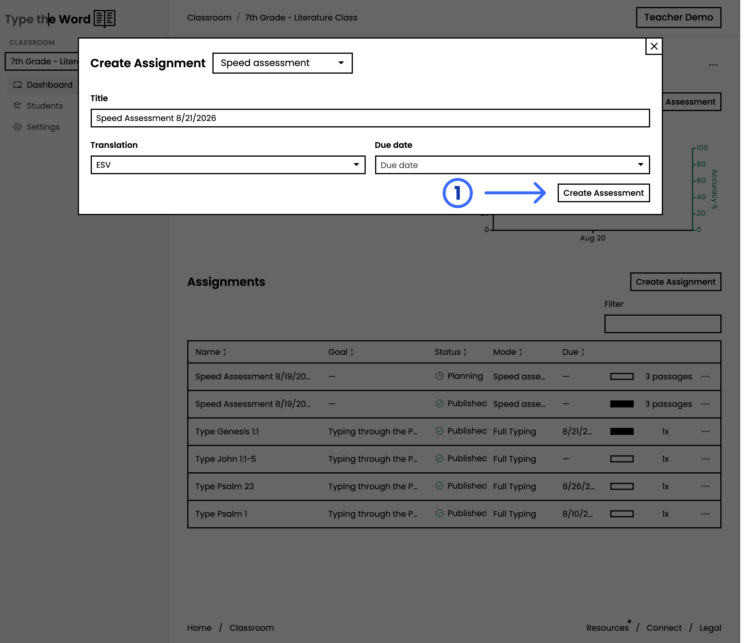 Create Assignment dialog in speed assessment mode with a numbered arrow pointing at Create Assessment