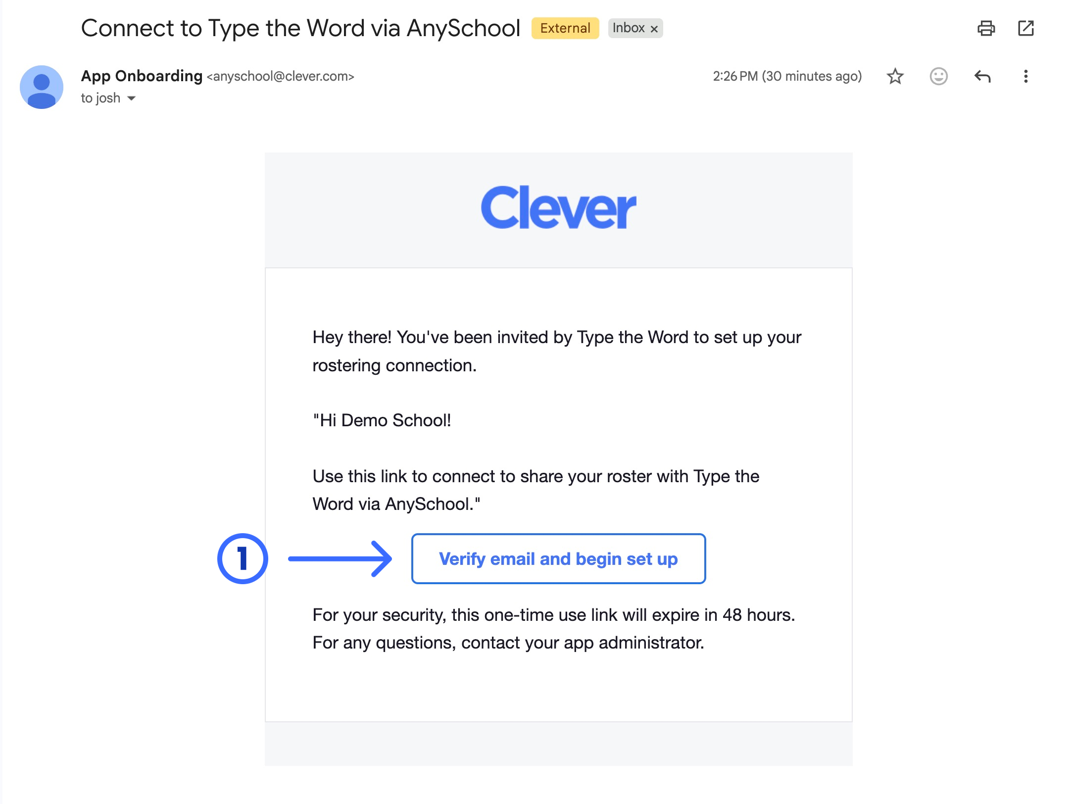 AnySchool invite email with a numbered arrow pointing at Verify email and begin set up