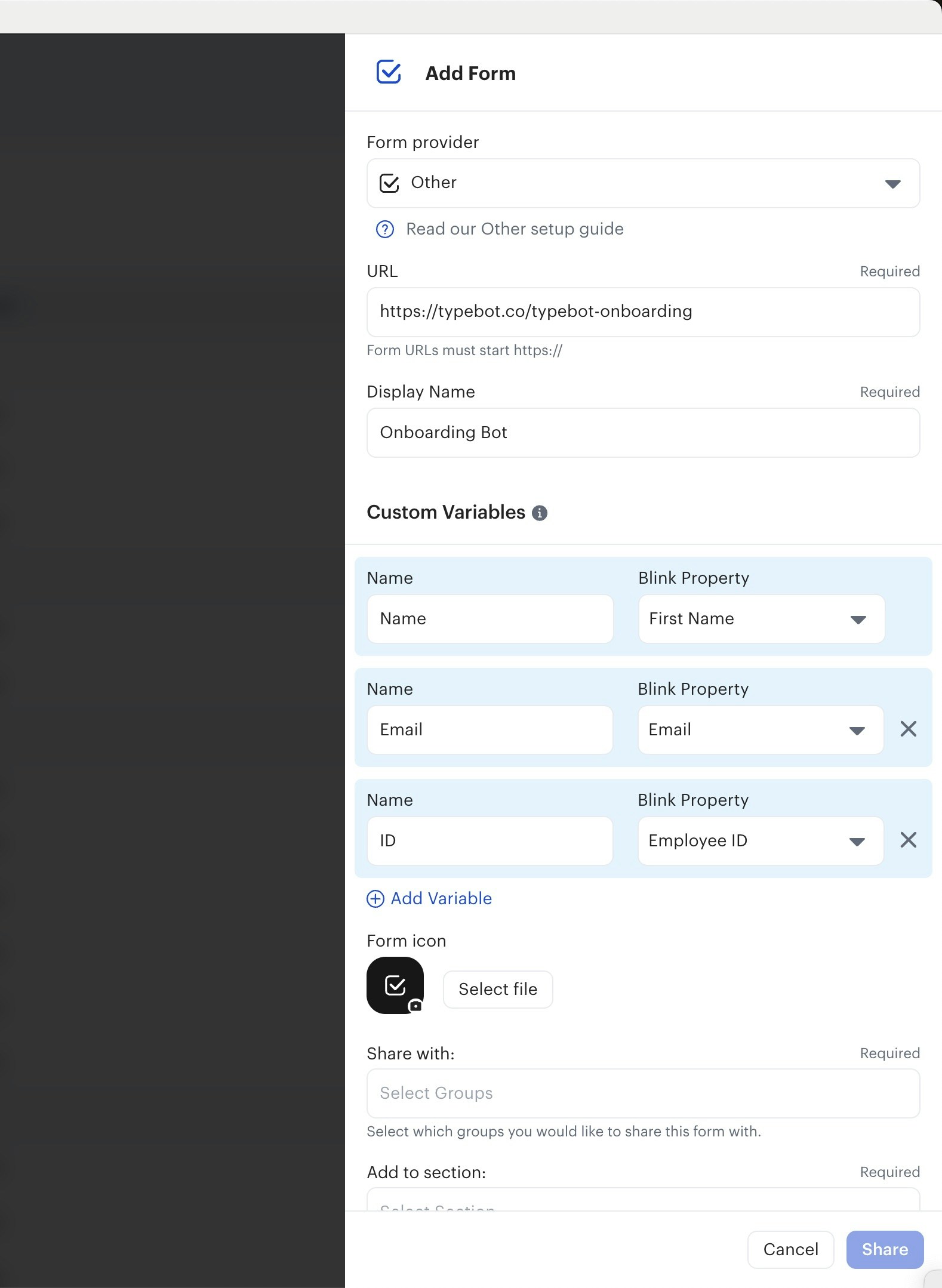 Blink form configuration panel