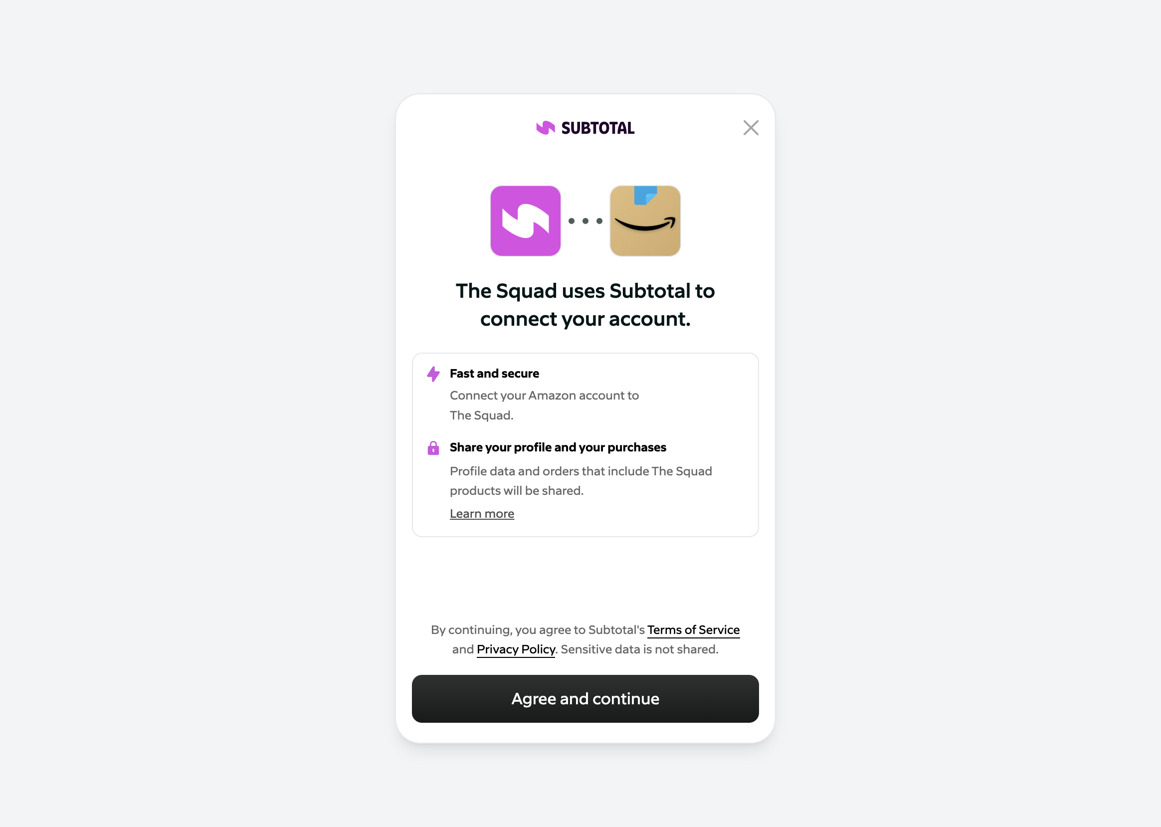 Subtotal Link consent screen for connecting an Amazon account and sharing profile data and qualifying purchases with The Squad