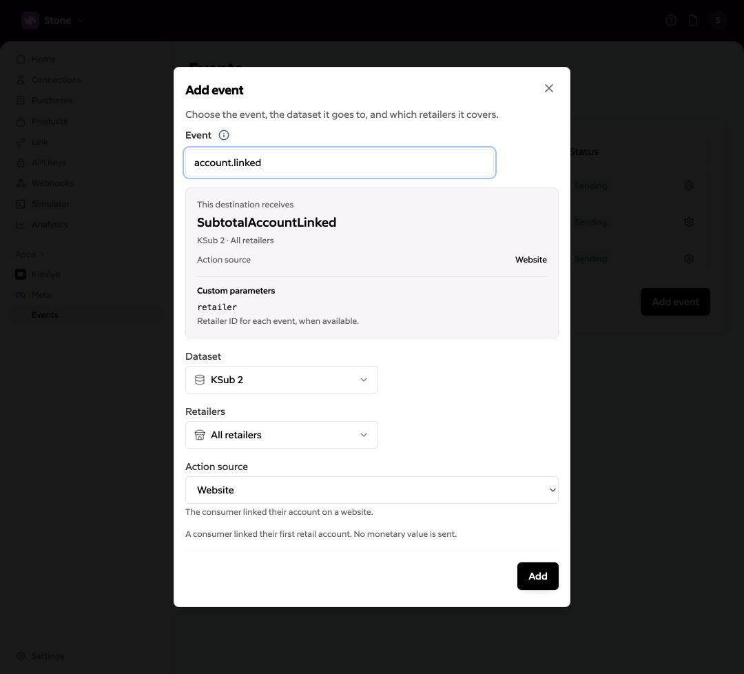 Add an account-linked event with a destination dataset, retailer coverage, and Website action source.