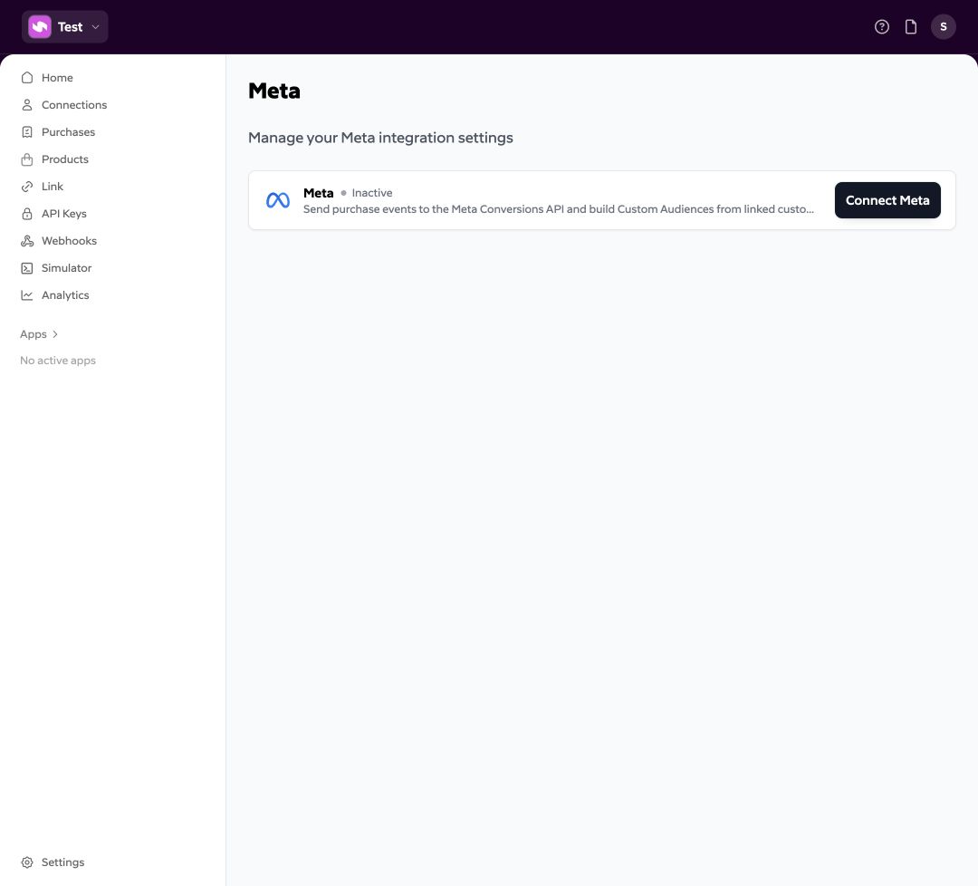 Meta integration before connecting, with the Connect Meta button.