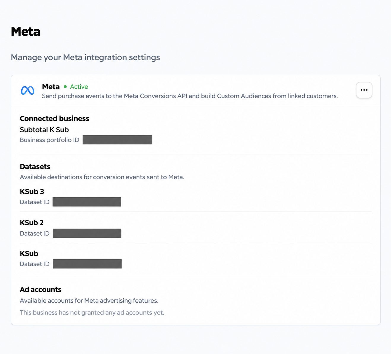Connected Meta business and available datasets. Business and dataset identifiers are redacted.