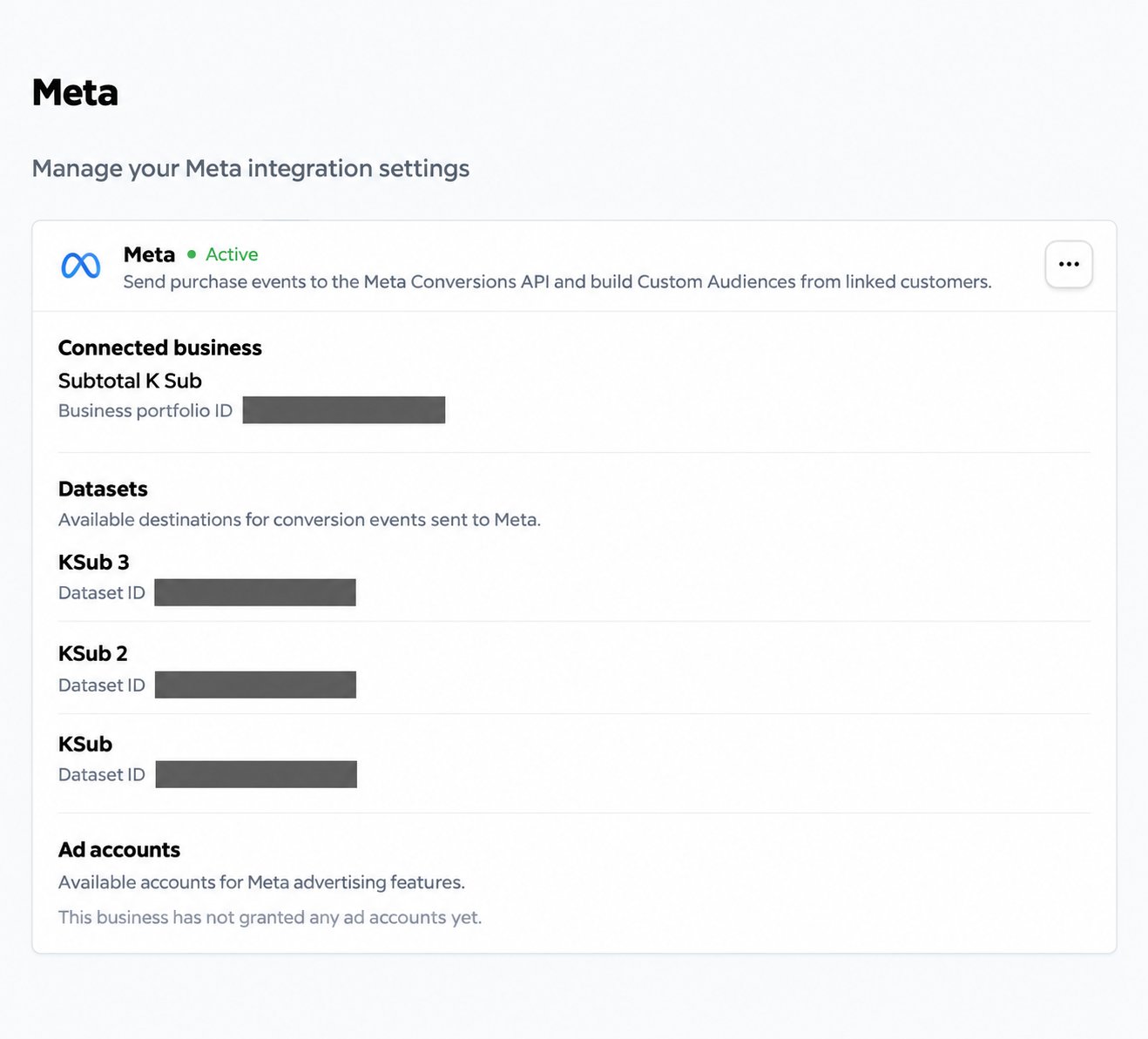 Connected Meta business and available datasets. Business and dataset identifiers are redacted.
