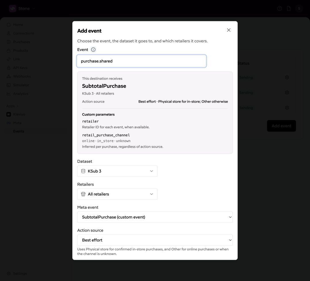 Add a purchase event with SubtotalPurchase selected, a destination dataset, retailer coverage, and Best effort action source.