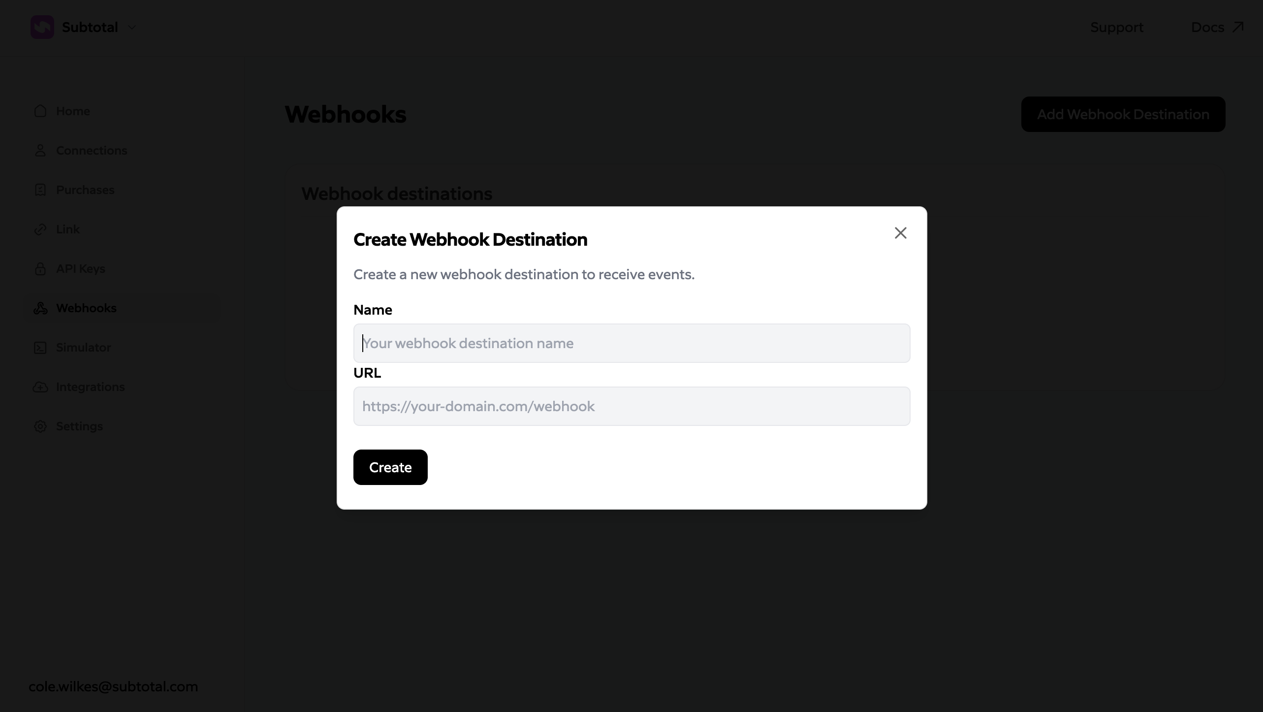 subtotal webhook destination