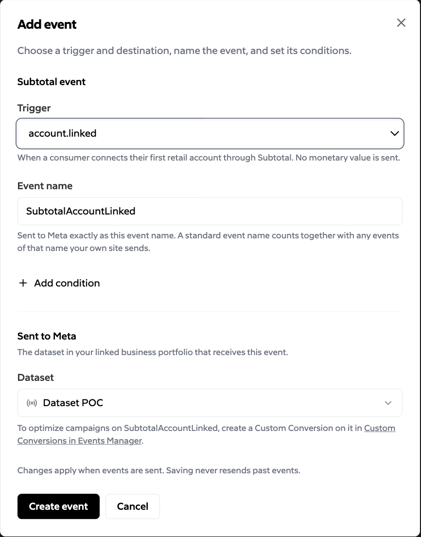 Add event dialog for account.linked: event name SubtotalAccountLinked, no conditions, and a destination dataset.