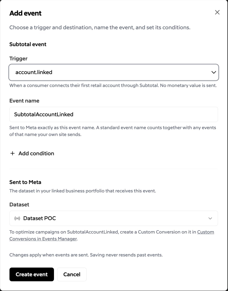Add event dialog for account.linked: event name SubtotalAccountLinked, no conditions, and a destination dataset.