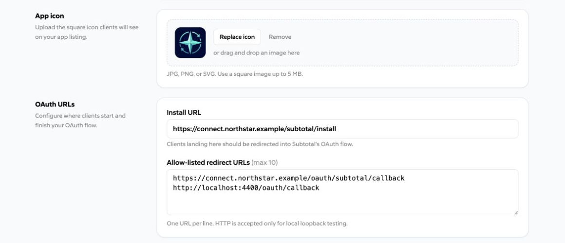 Northstar Rewards Sync app icon and allow-listed OAuth URLs