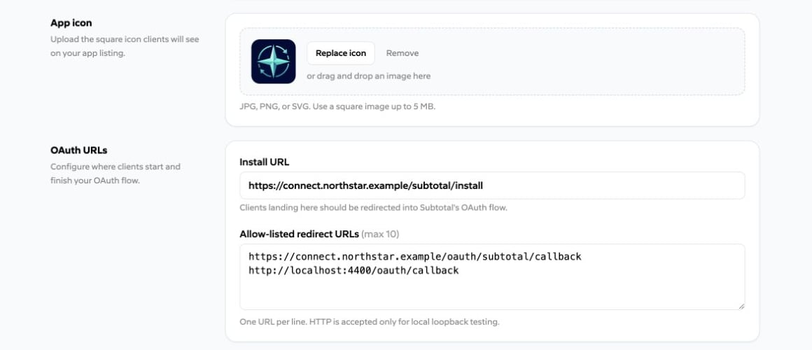 Northstar Rewards Sync app icon and allow-listed OAuth URLs