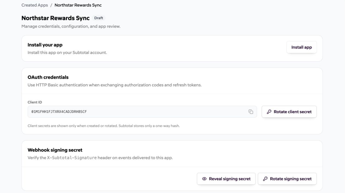 Draft app credentials and installation controls