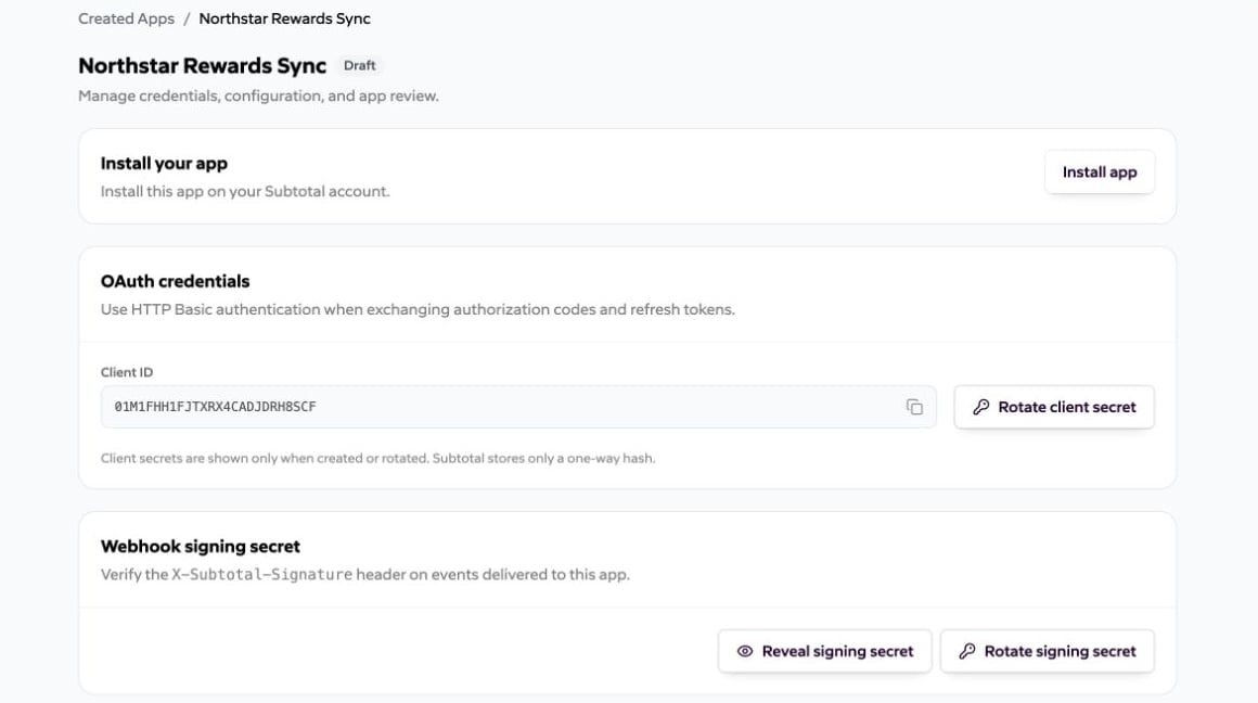 Draft app credentials and installation controls
