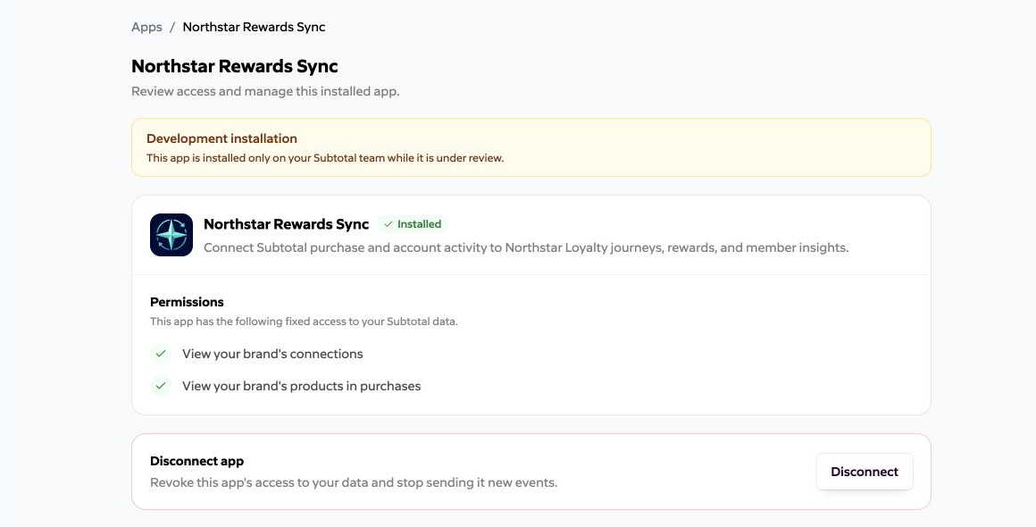 Northstar Rewards Sync development installation on its dashboard team