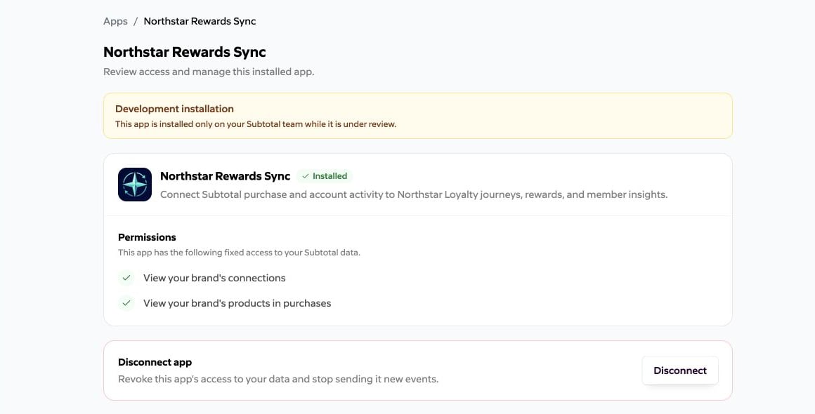 Northstar Rewards Sync development installation on its dashboard team